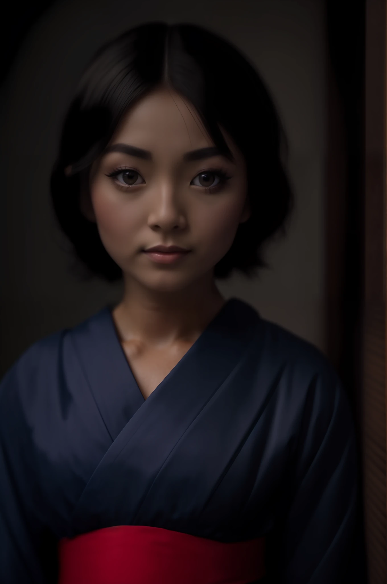 Geisha attire, adult physique, broad shoulders