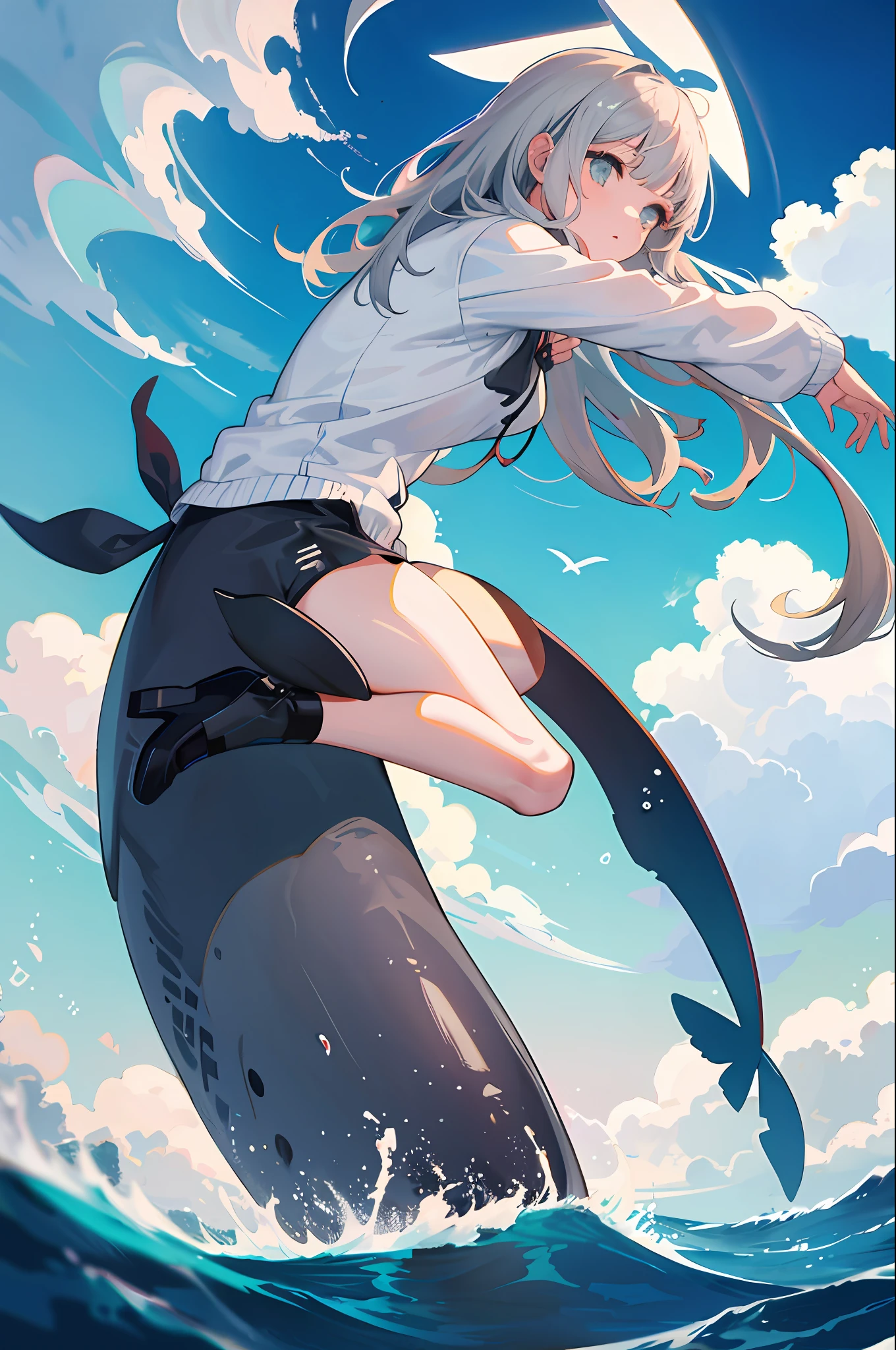 1 Girl, Whale, Tail, Ocean, Gray Hair, Cloud