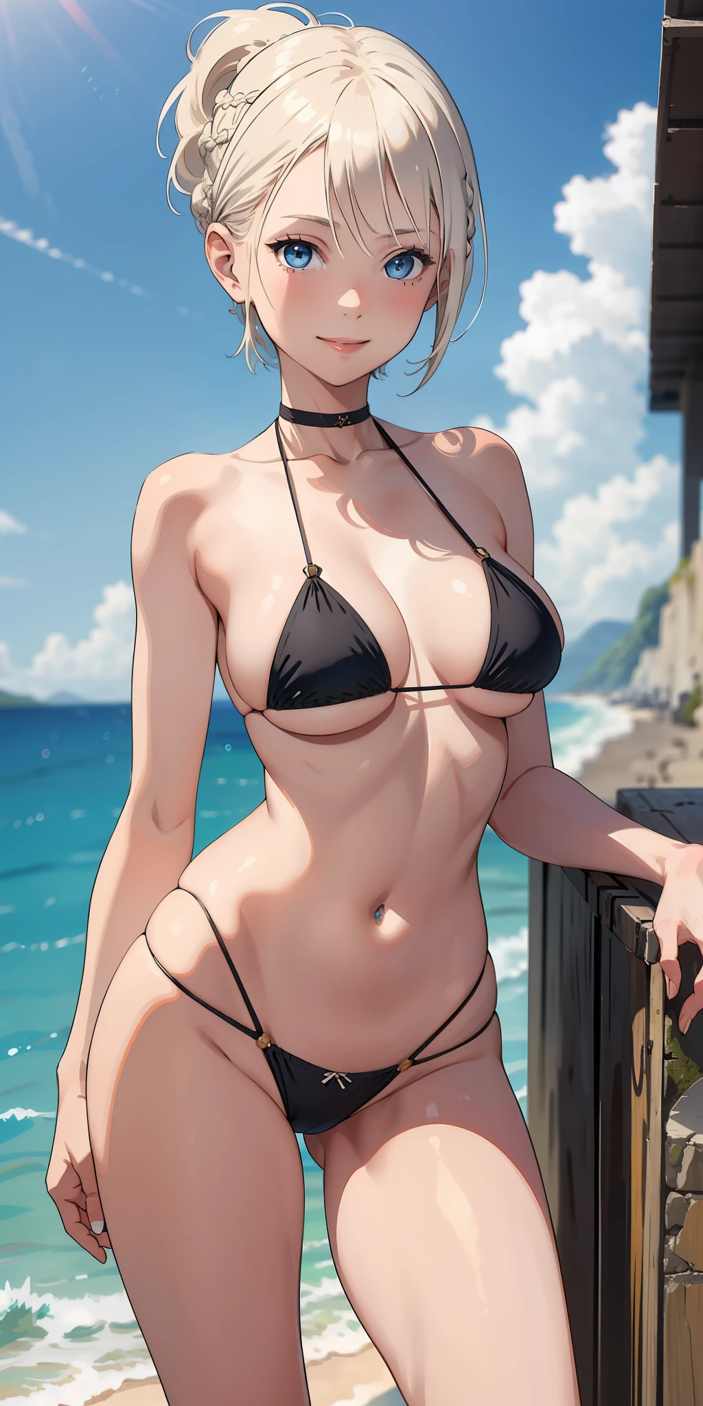 masterpiece, Best Quality, NSFW, 1girl, Platinum Blonde Hair, Short Hair, Blue Eyes, Braid, Women in Their 20s, Perky, Summer Sea, Black Micro Bikini, Smile, Front View, Open Legs,