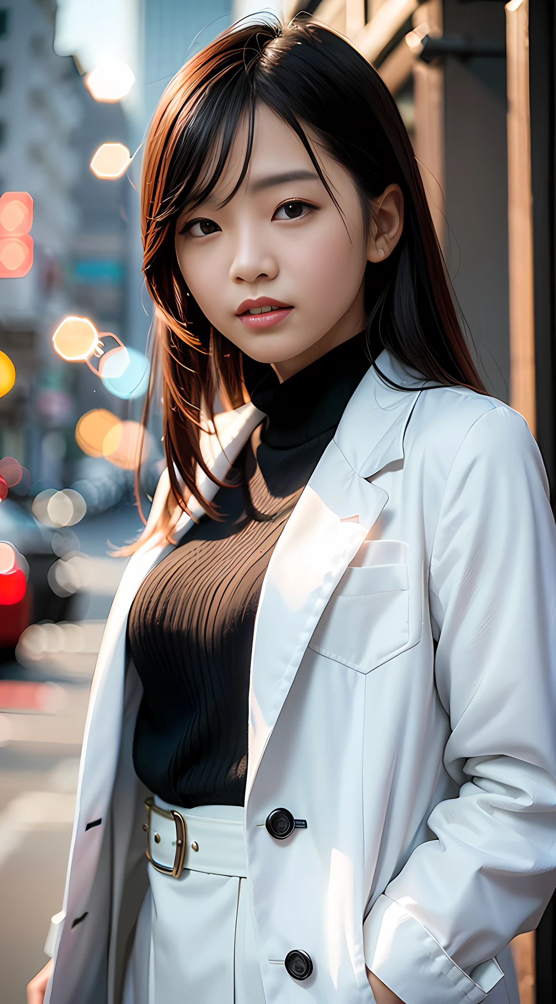 solo, (office lady,white coat,), 半身照,牛仔照, city_lights, (looking viewer:1.3), 唇裂, red_lips, 有光泽的皮肤, skindentation, best quality, ultra high res, (photorealistic:1.4 ),