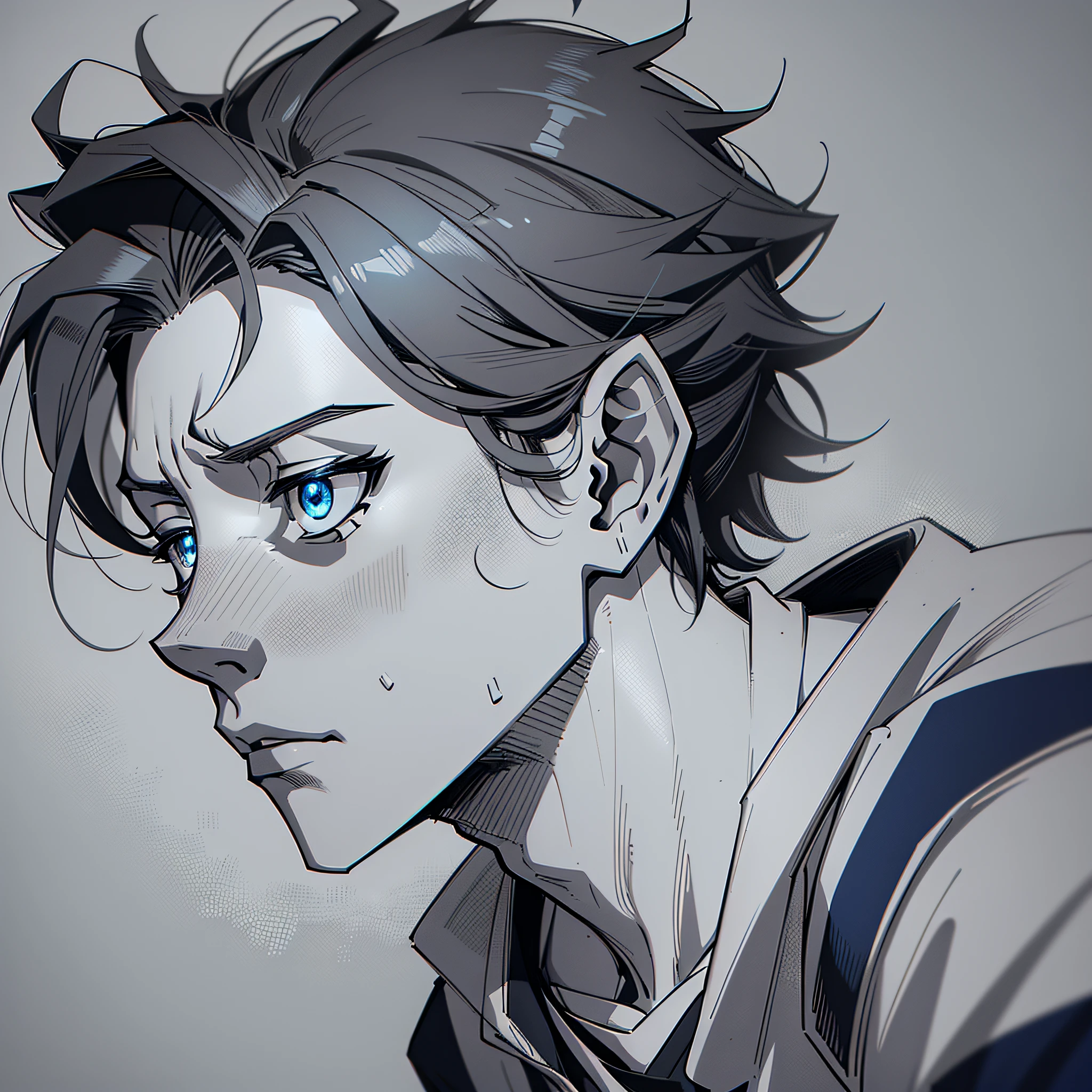 Best quality, ultra-detailed pencil sketch, (manga style), greyscale, profile standing sideways pose, tired expression, male, (volleyball), ((Oikawa from Haikyuu!!)), glowing blue eyes.