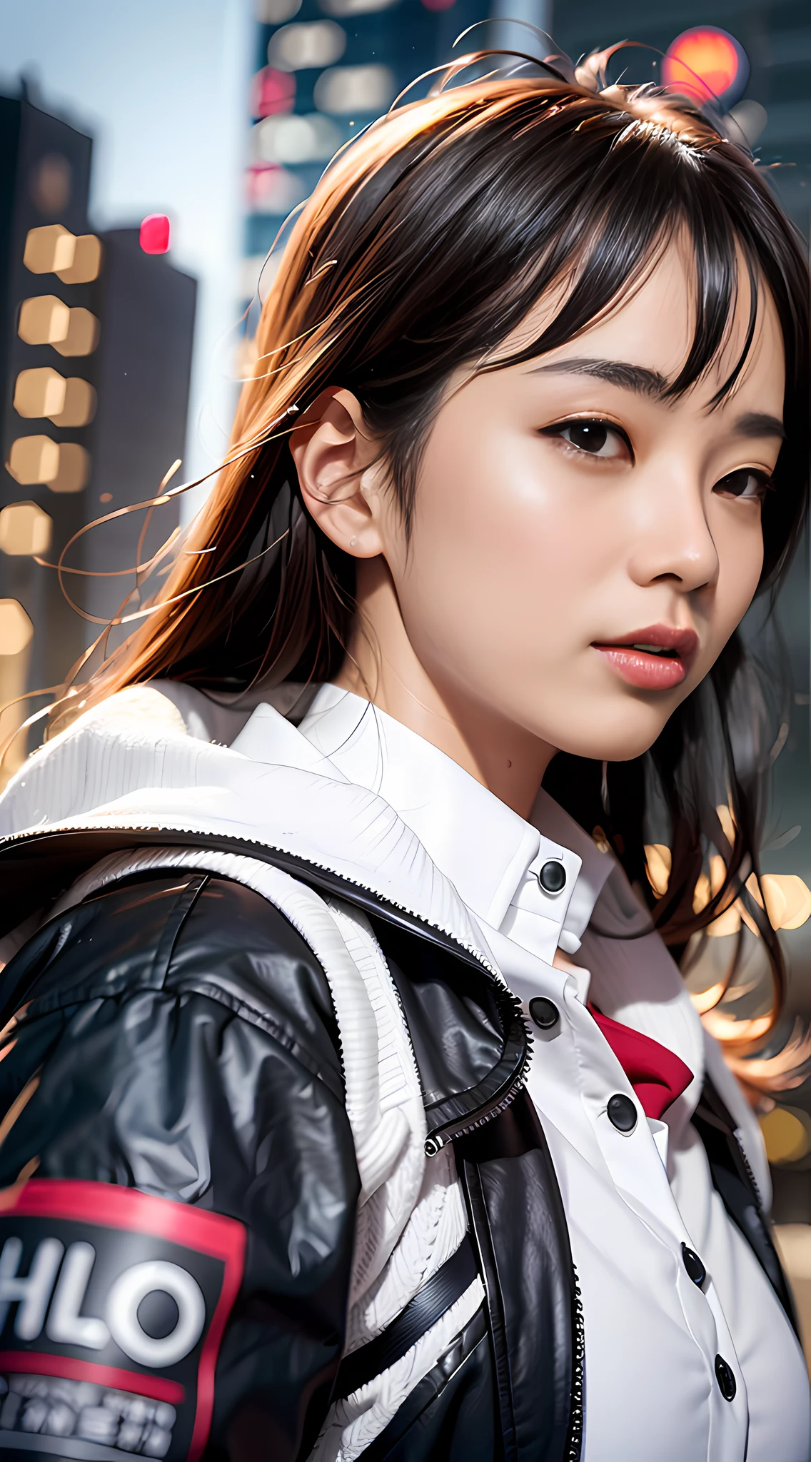 solo, (office lady,white coat,), 半身照,牛仔照, city_lights, (looking viewer:1.3), 唇裂, red_lips, 有光泽的皮肤, skindentation, best quality, ultra high res, (photorealistic:1.4 ),