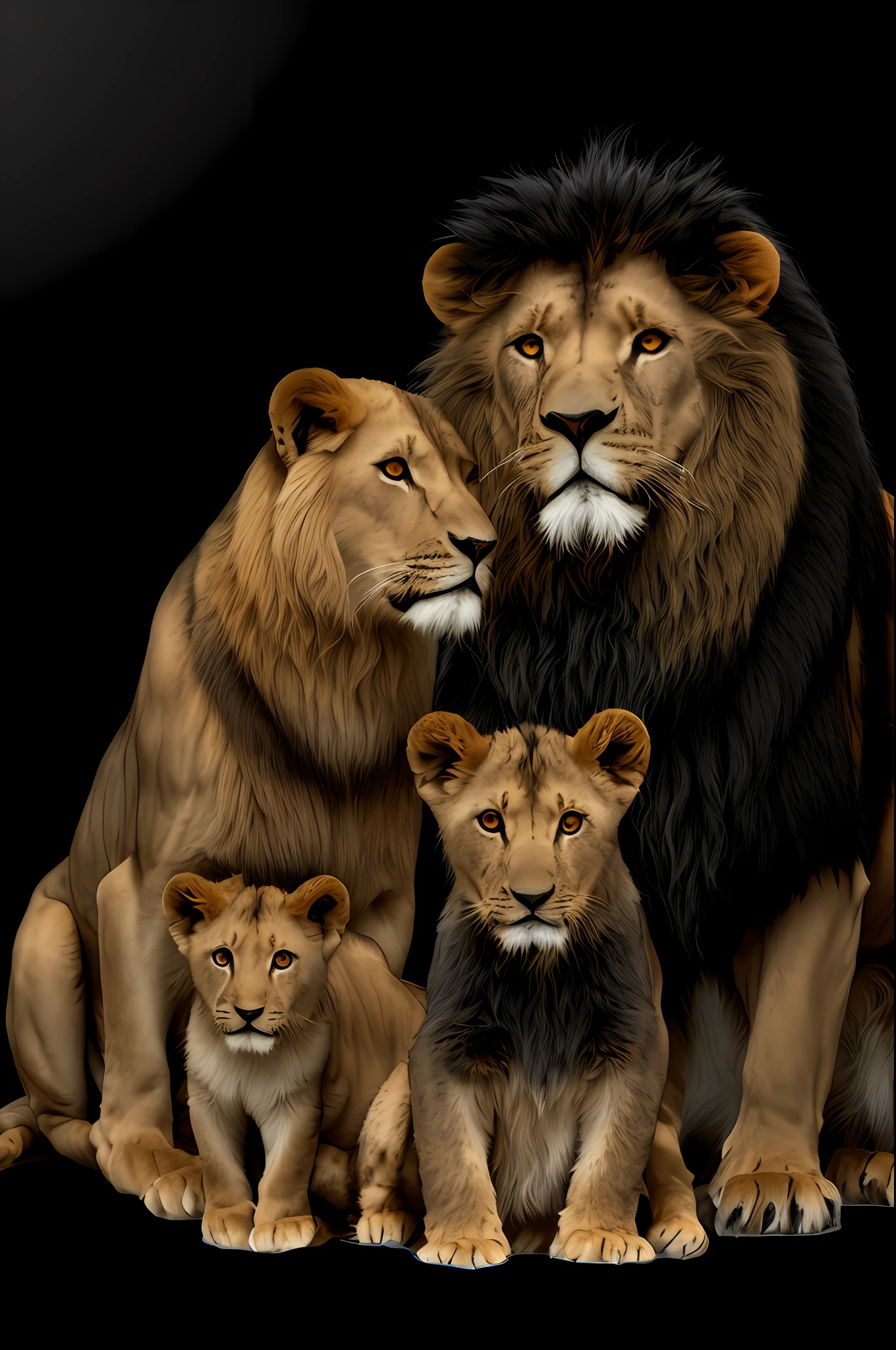 Black and white photography, lion, lioness and lion cubs sitting together in front of a black background, lions, proud look, family portrait, lion, family photo, majesty, aslan, lion, lioness mother, lion king, trend, simba, animals wildlife, realistic scene, lion icon, pride, happy family, royal pose, proud look, safari,  2 d full-body lion (((black background)))