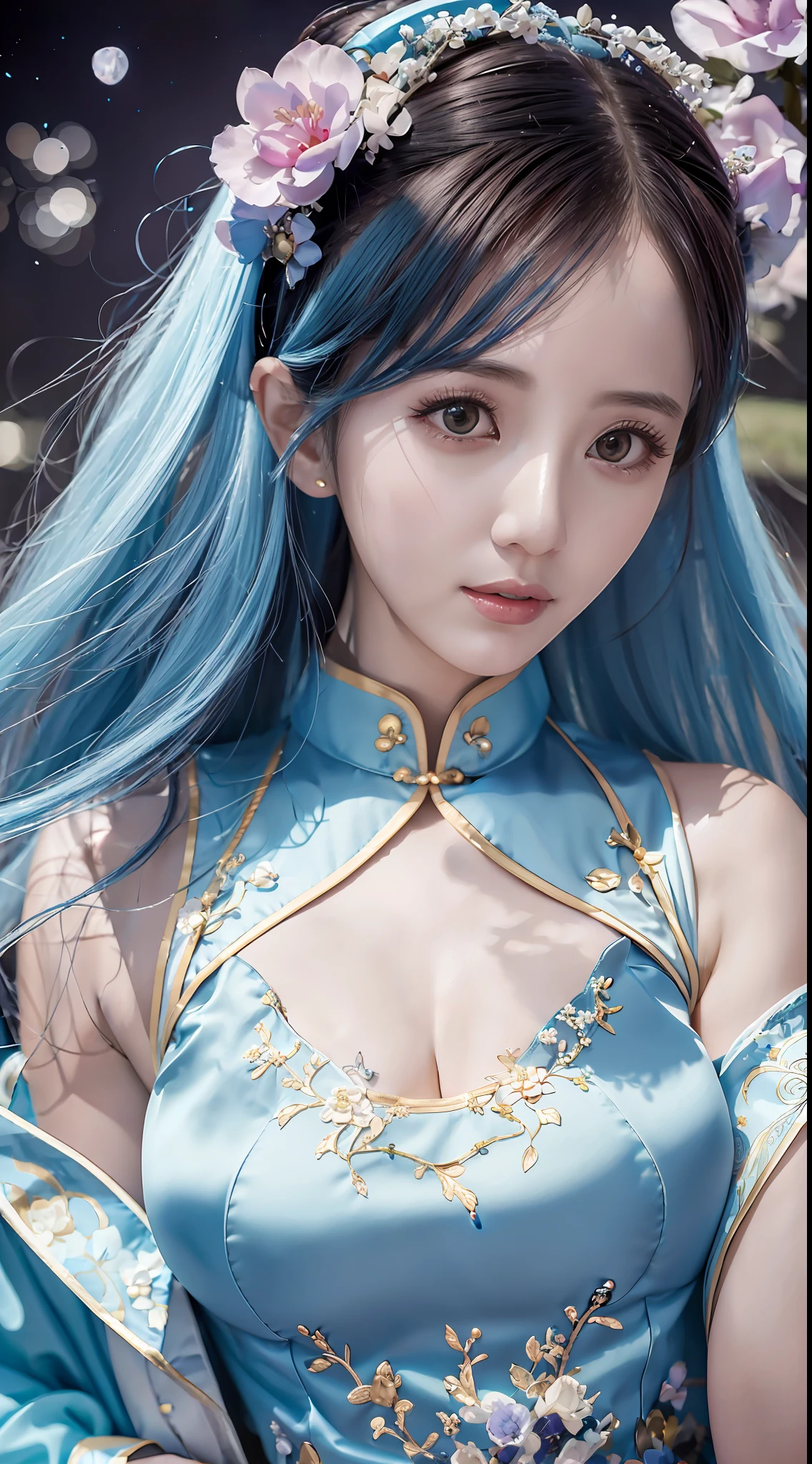 Close-up photo, top quality, lots of details, with a woman in light blue cheongsam posing for a photo, moon-themed costume, astral witch costume, fantasy costume, live-action girl cosplay, beautiful celestial mage, inspired by cold plum, cheongsam, popular on cgstation, celestial goddess, April rendering, light blue, dreamy medium portrait top light, light blue skin, amouranth, fantasy cheongsam