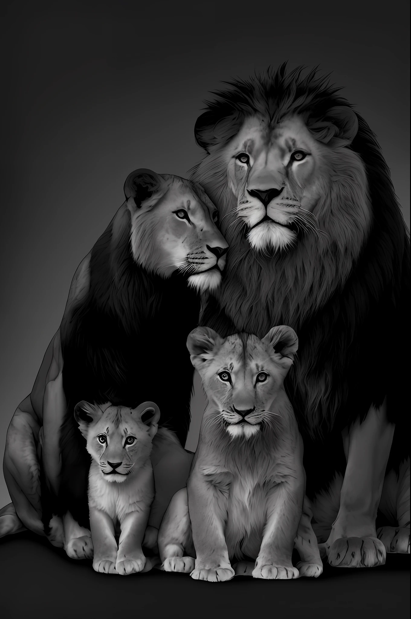 (((Photograph in b&w))), lion, lioness and lion cubs sitting together in front of a black background, lions, proud look, family portrait, lion, family photo, majesty, aslan, lion, lioness mother, lion king, trend, simba, animals wildlife, realistic scene, lion icon, pride, happy family, royal pose, proud look, safari, 2 d full-body lion (((black background))), night, mountain, peak