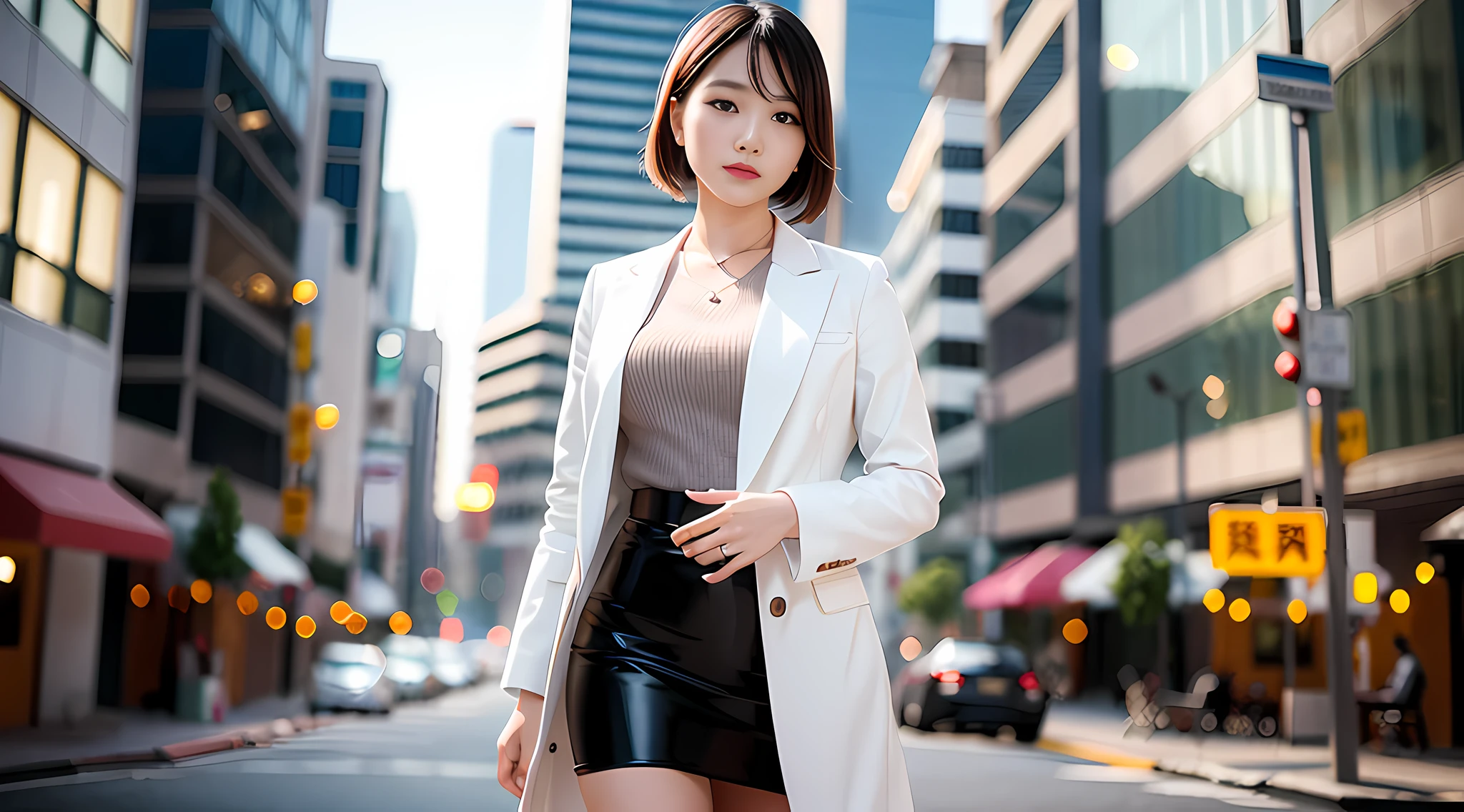 solo, (office lady,white coat,), 半身照,牛仔照, city_lights, (looking viewer:1.3), 唇裂, red_lips, 有光泽的皮肤, skindentation, best quality, ultra high res, (photorealistic:1.4 ),
