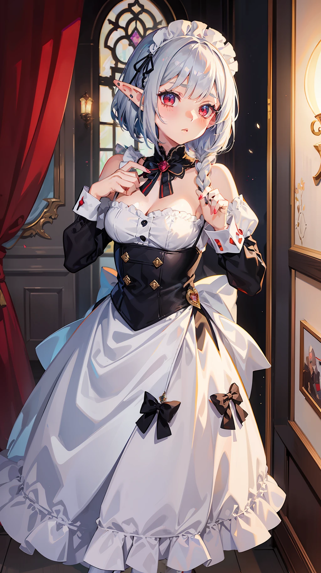 1 Girl Full Body, Elf, Silver Hair, Red Eyes, Bob Cut, Braid, Maid, Maid Clothes, Put Your Hands on Their Face, Embarrassed, Blush, Concept Art, Beautiful Anime Scene, Beautiful Anime Scenery, Top Rated on pixiv, Best Quality, 4K