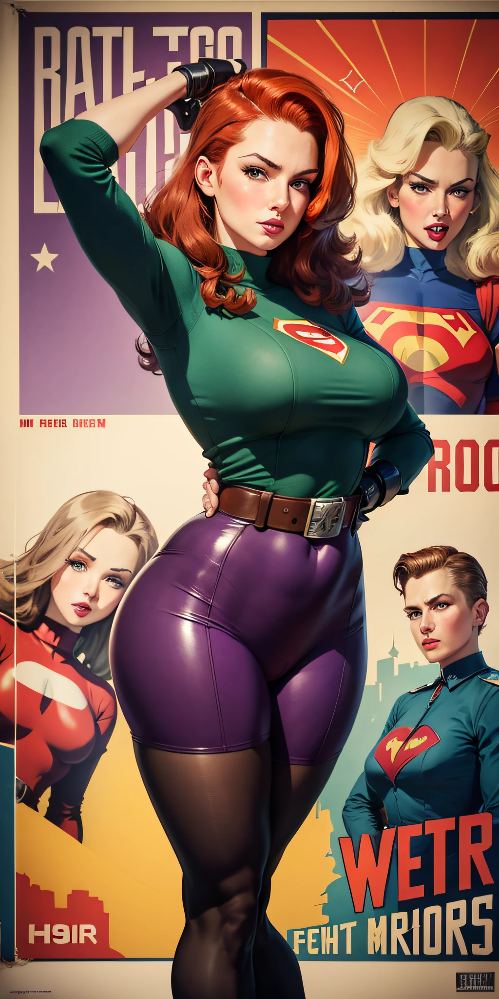 American World War II poster, Gil Elvgren style ((USA Poster, American Poster)) (a medium-sized red-haired woman with purple superhero outfit) (buildings in the background of the image) Poster propaganda, poster, hero uniform, 1 girl, solo, good body, poster design, poster art style. 1980s, 1950s, 1960s, 1940s, basic color scheme, very colorful poster, colorful art, third rule, inspiring, woman, 1 mature girl, hair blowing in the wind, looking at the viewer, blurred background, thick legs, green eyes