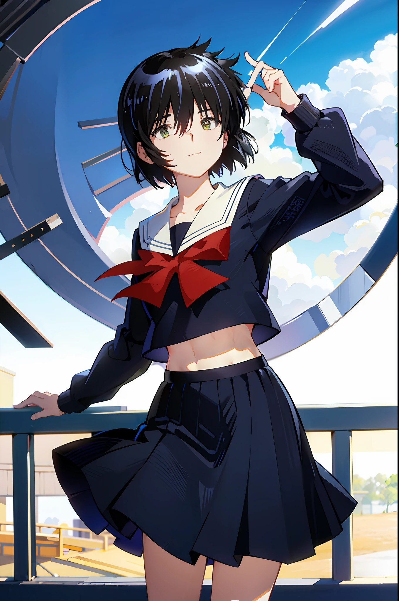 Mikoto urabe, 1girl, school uniform, skirt, solo, short hair, dark. green eyes, serafuku, black hair, sailor collar, shirt, long sleeves, blurry, looking at viewer, bow, blurry background, white shirt, stairs, pleated skirt, black skirt, smile, red bow, hair over eyes, bangs, depth of field, black sailor collar, standing, outdoors, beach, light blue neckerchief, closed mouth, bowtie, blue skirt, akebisailor, show stomach,