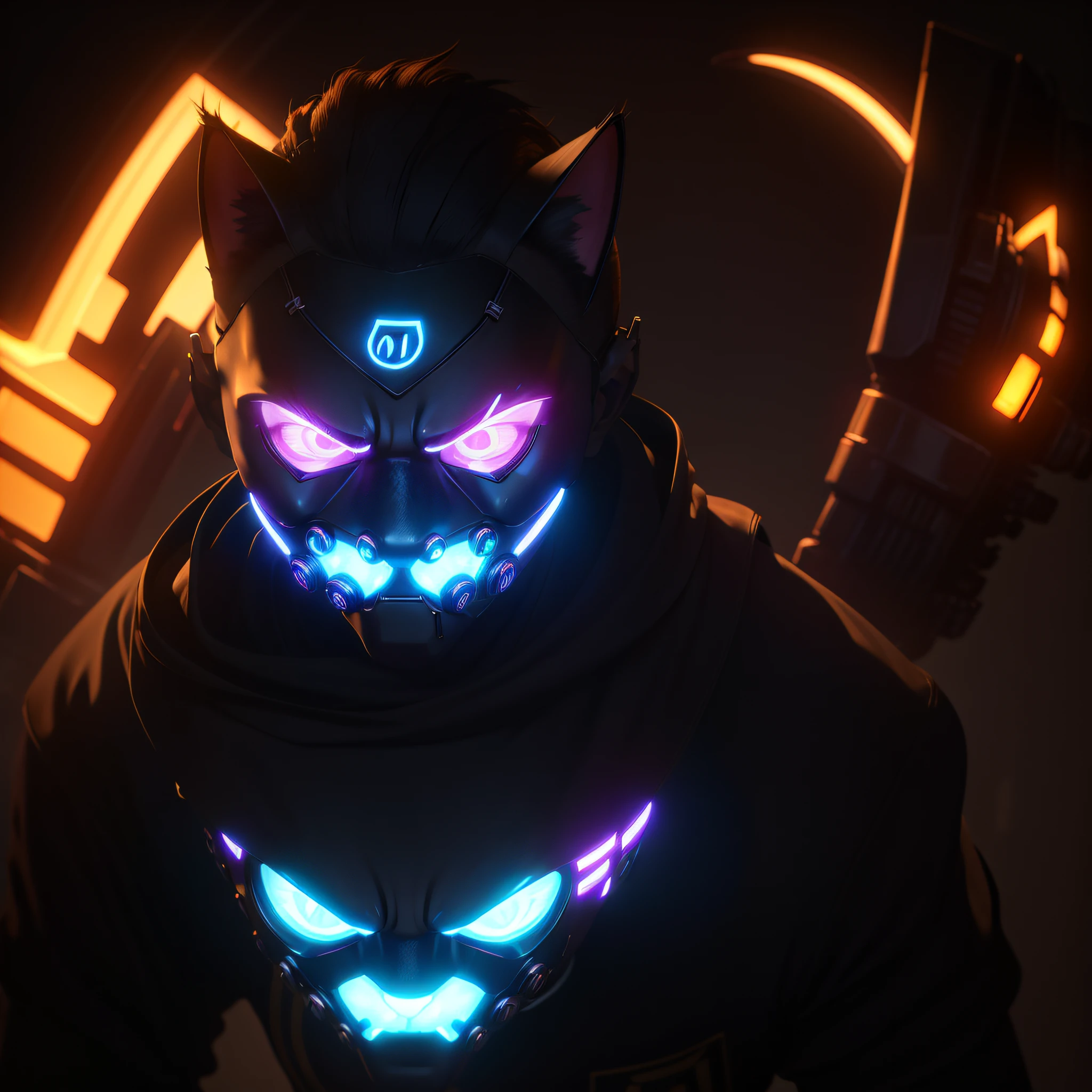 Character for PFP logo of a boy wearing a cybernetic LED mask, the LEDs on the mask form a cat