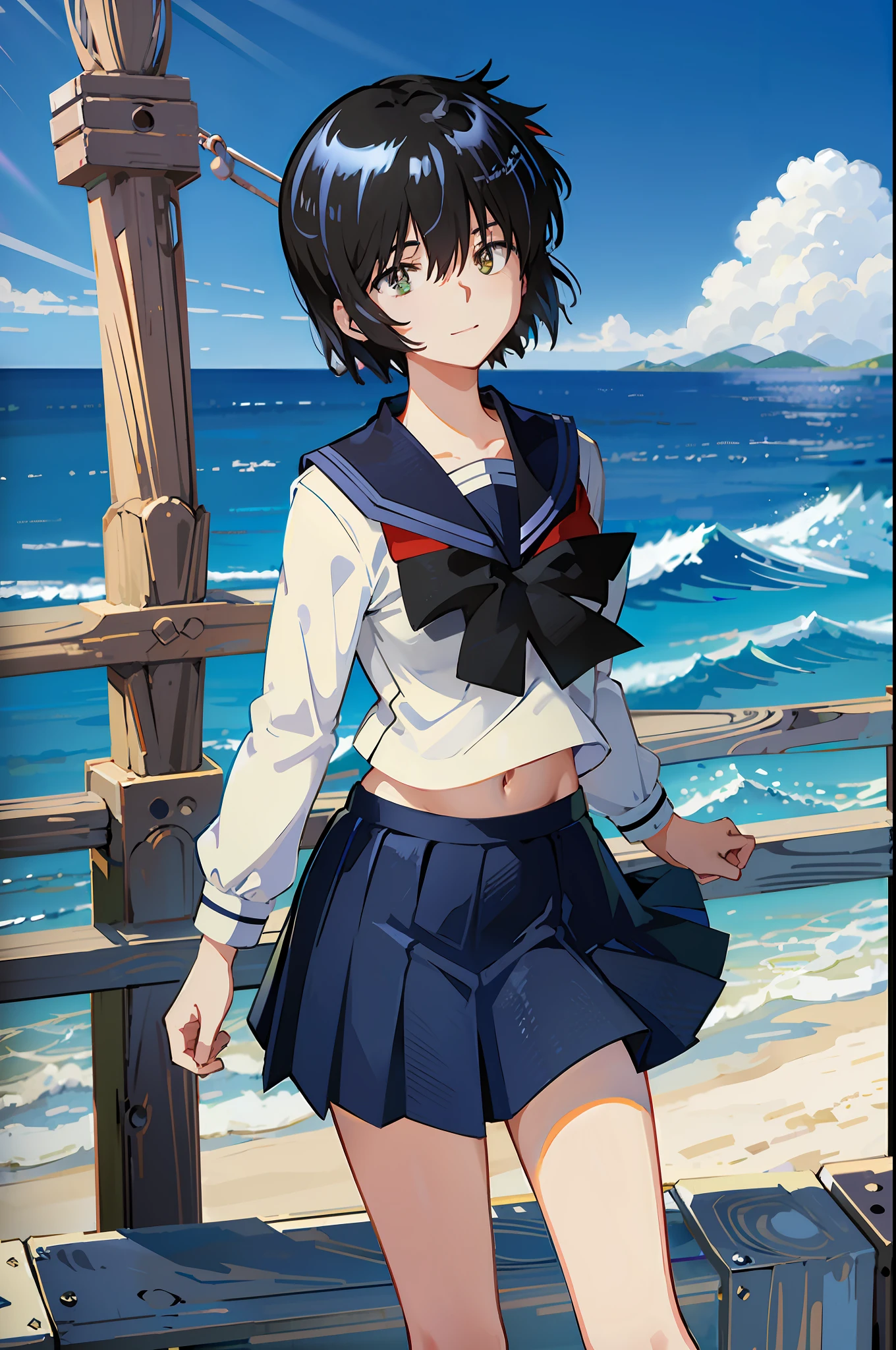 Mikoto urabe, 1girl, school uniform, skirt, solo, short hair, dark. green eyes, serafuku, black hair, sailor collar, shirt, long sleeves, blurry, looking at viewer, bow, blurry background, white shirt, stairs, pleated skirt, black skirt, smile, red bow, hair over eyes, bangs, depth of field, black sailor collar, standing, outdoors, beach, light blue neckerchief, closed mouth, bowtie, blue skirt, akebisailor, show stomach,