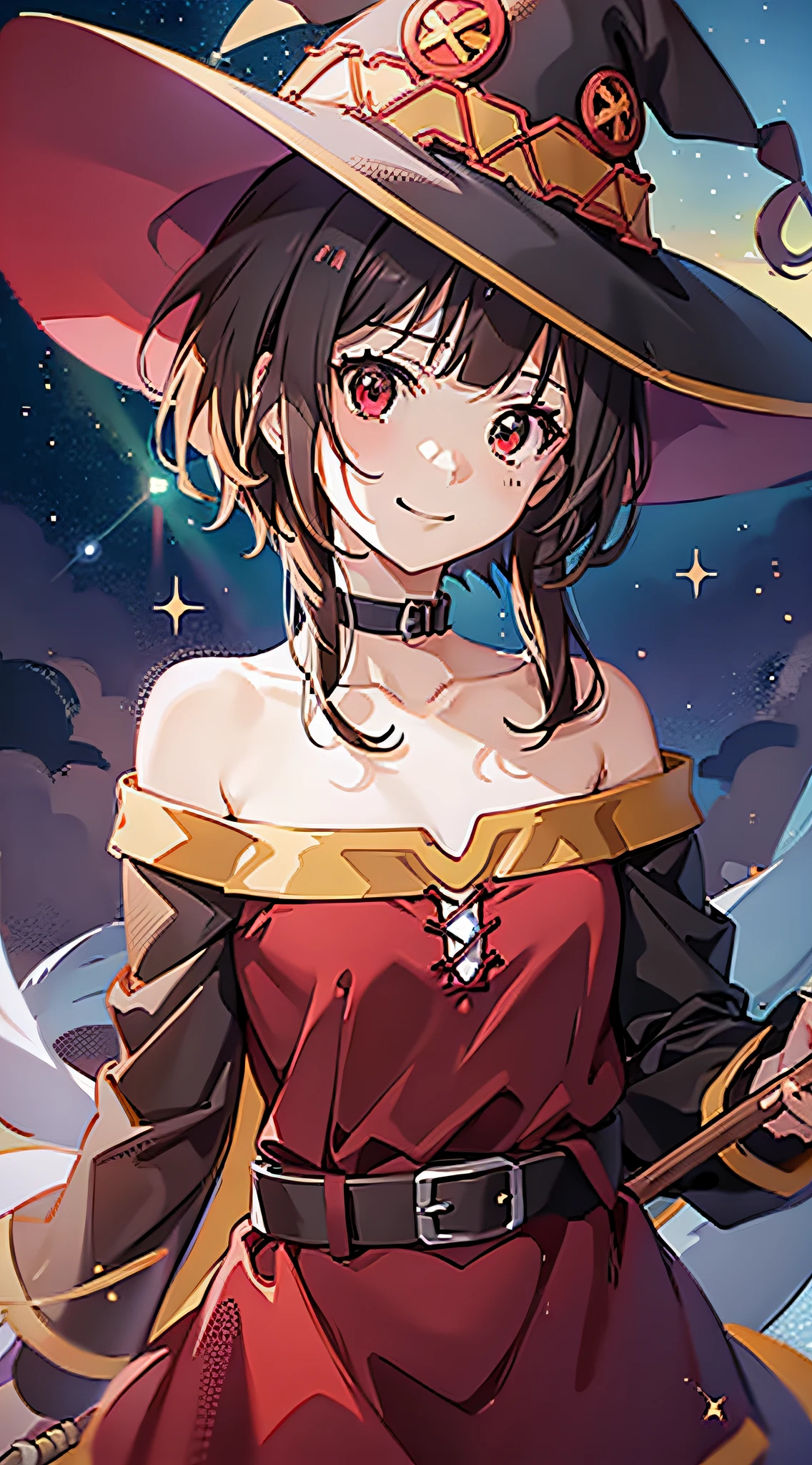 anime screencap, starry sky, one girl,girl, solo, red eyes, red dress, belt, bare shoulders, brown hair, short hair with long lock,collar, closed mouth, collarbone, choker, long sleeve,smile,watch viewer, cape, witch hat, staff, staff, face focus