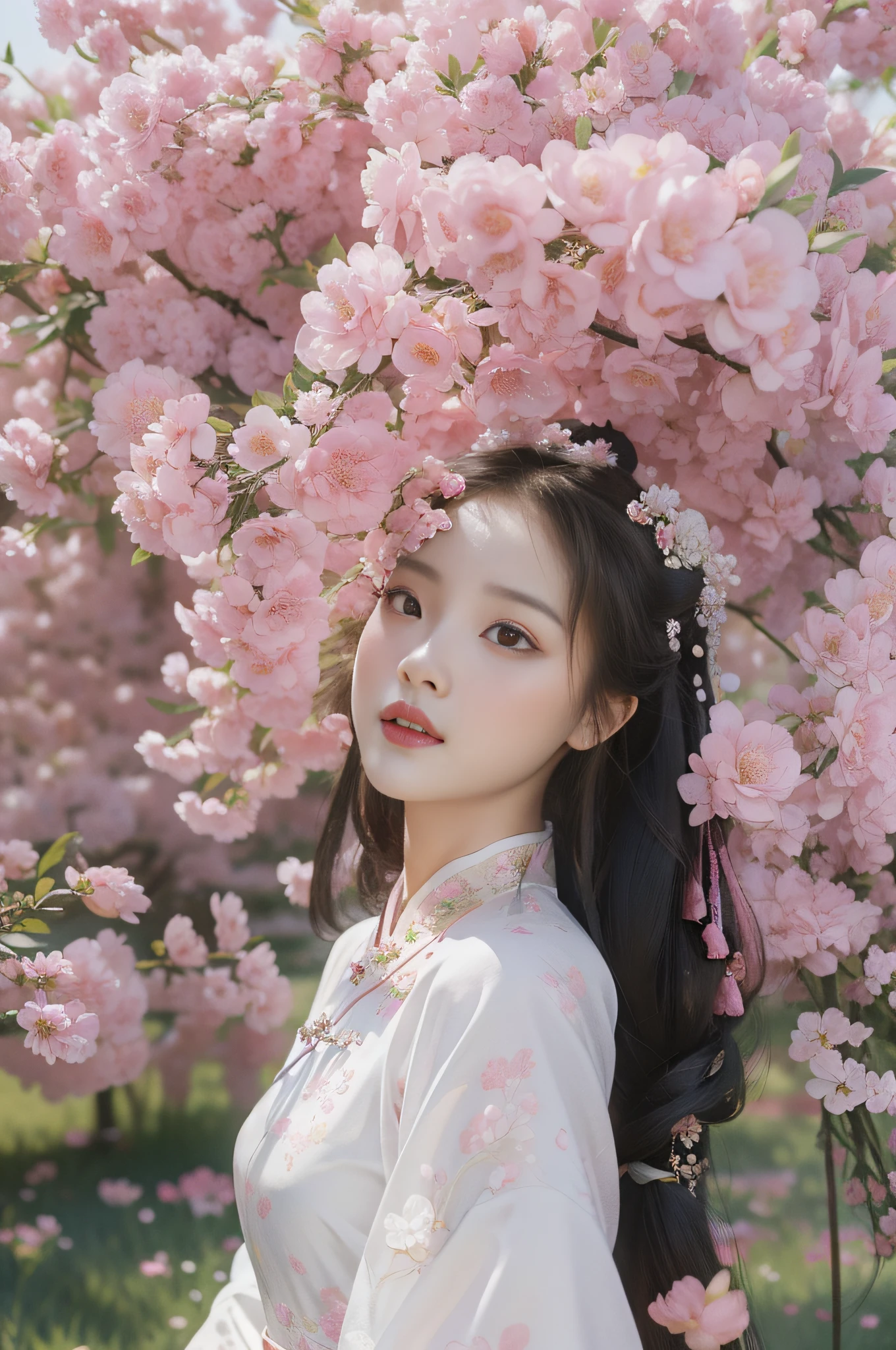 arafed woman in a white dress standing in a field of pink flowers, palace , a girl in hanfu, chinese girl, by Leng Mei, white hanfu, girl in flowers, cheongsam, chinese style, in pink forest, 中 元 节, chinese woman, with flowers, with acient chinese clothes, woman in flowers