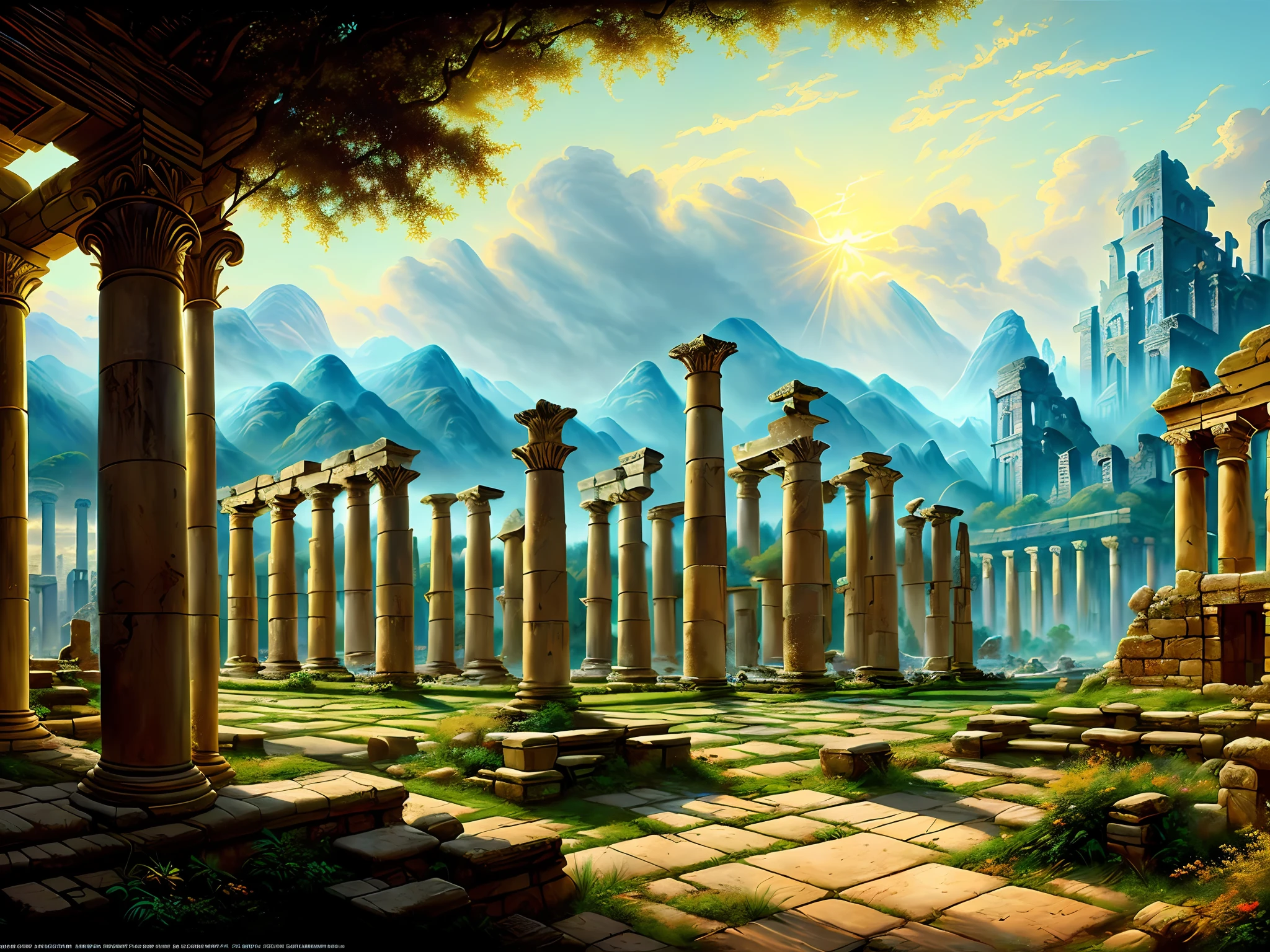 (best quality, masterpeace), (hyper-detailed color), A kingdom with ruins of a once-great civilization, perfect composition, best exposure, (golden ratio: 1.2), hdr, dramatic, cinematic lighting, trend in artstation, trend in CGSociety, professional oil painting, immense detail.