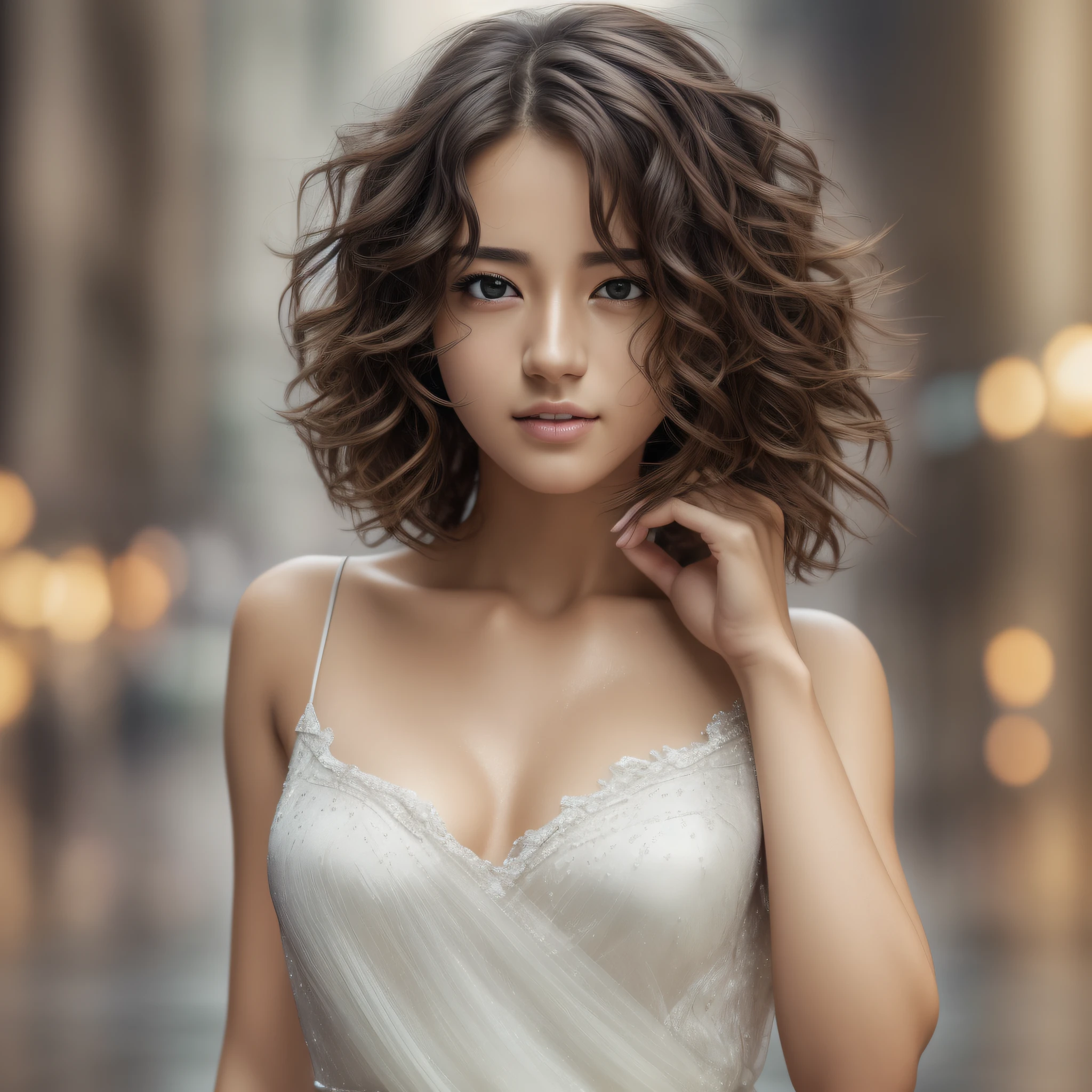 random pose, mix4,(8k, RAW photo, best quality, masterpiece:1.2), (realistic, photo-realistic:1.37),1girl,cute,cityscape, night, rain, wet, professional lighting, photon mapping, radiosity, Physically-based rendering, gradient brunette hair, short curly hair, handsome, girly, white ball set, superb picture quality, high resolution, 1080p, (clear face), (detailed face description), (detailed hand description), (masterpiece), (exquisite CG), extreme light and shadow, messy hair, masterpiece, rich detail, (exquisite facial features), (highest image quality), (masterpiece), (detailed eyes), look forward to your eyes, delicate collarbone --auto --s2