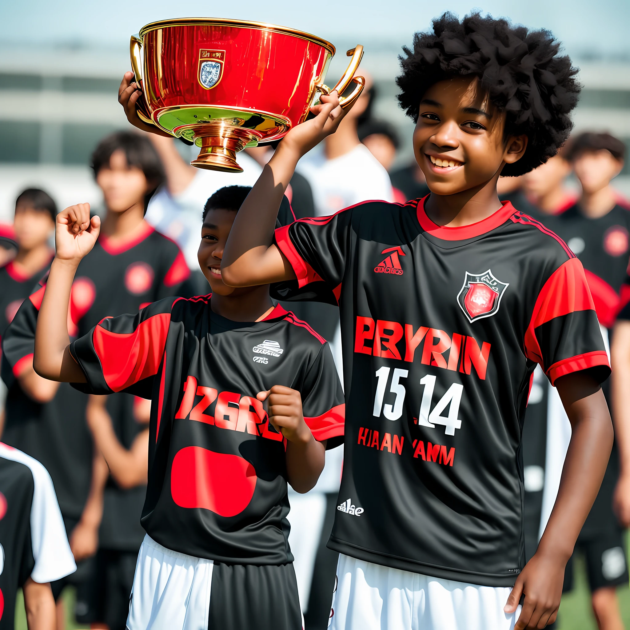 A young boy of 15 years, with black skin, curly hair, brown eyes, well-defined face, well-detailed face, with a red and black team shirt, lifting trophy in a Japanese city, detailed, best quality, best resolution, 8k, photorealistic, photography