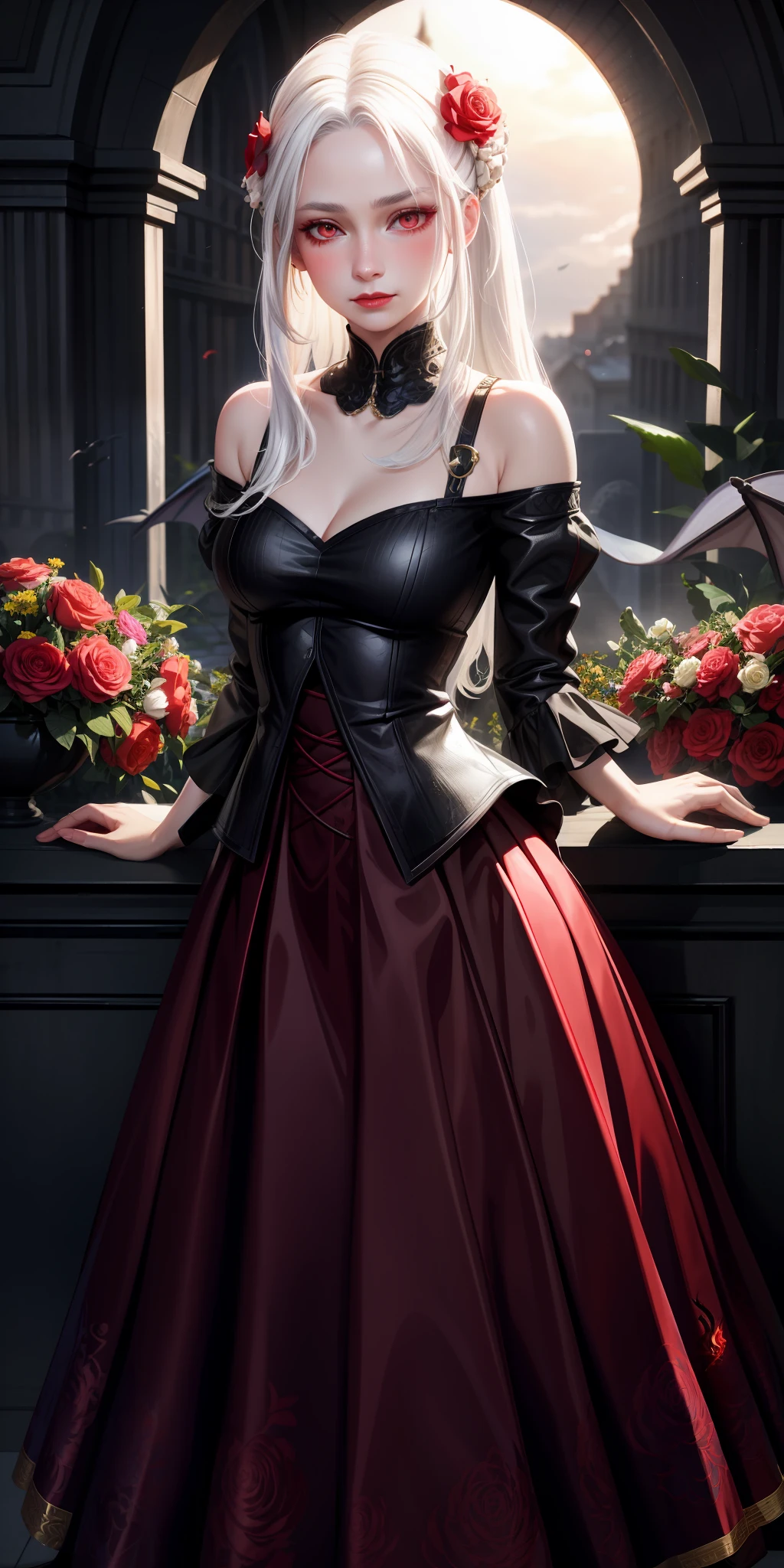 realistic, 1girl, white hair, red eyes, bright eyes, dracarys, skirt, lips parted, blush, night, flowers, sun, sunlight, dress, dungeons