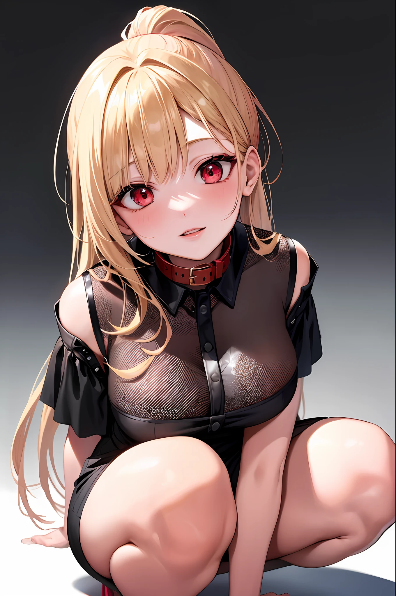 SLE, mksks-style, Top quality, Masterpiece, Detailed background, Very detailed, Complex and detailed face, Long eyelashes, Detailed eyes, (Adult female, standing: 1.1), (High ponytail: 1.3), (Thighs thick: 1.0), (Big: 1.3), (White background: 1.3),
(Solo: 1.3), (Red Eyes: 1.3), (Blonde and Black Mesh: 1.2), (Tousled Hair: 1.1), (Red Collar: 1.2), (Thick Lips, Pink Lips: 1.3), (Pink Eyeshadow: 1.2), (Moisturized Eyes), (Tied Full Body with Ropes: 1.3), Squatting on the Floor, Legs Open, Best Smile, Mouth wide open, Cheeks red, Blonde Dog Eating Crawling on all fours, full body