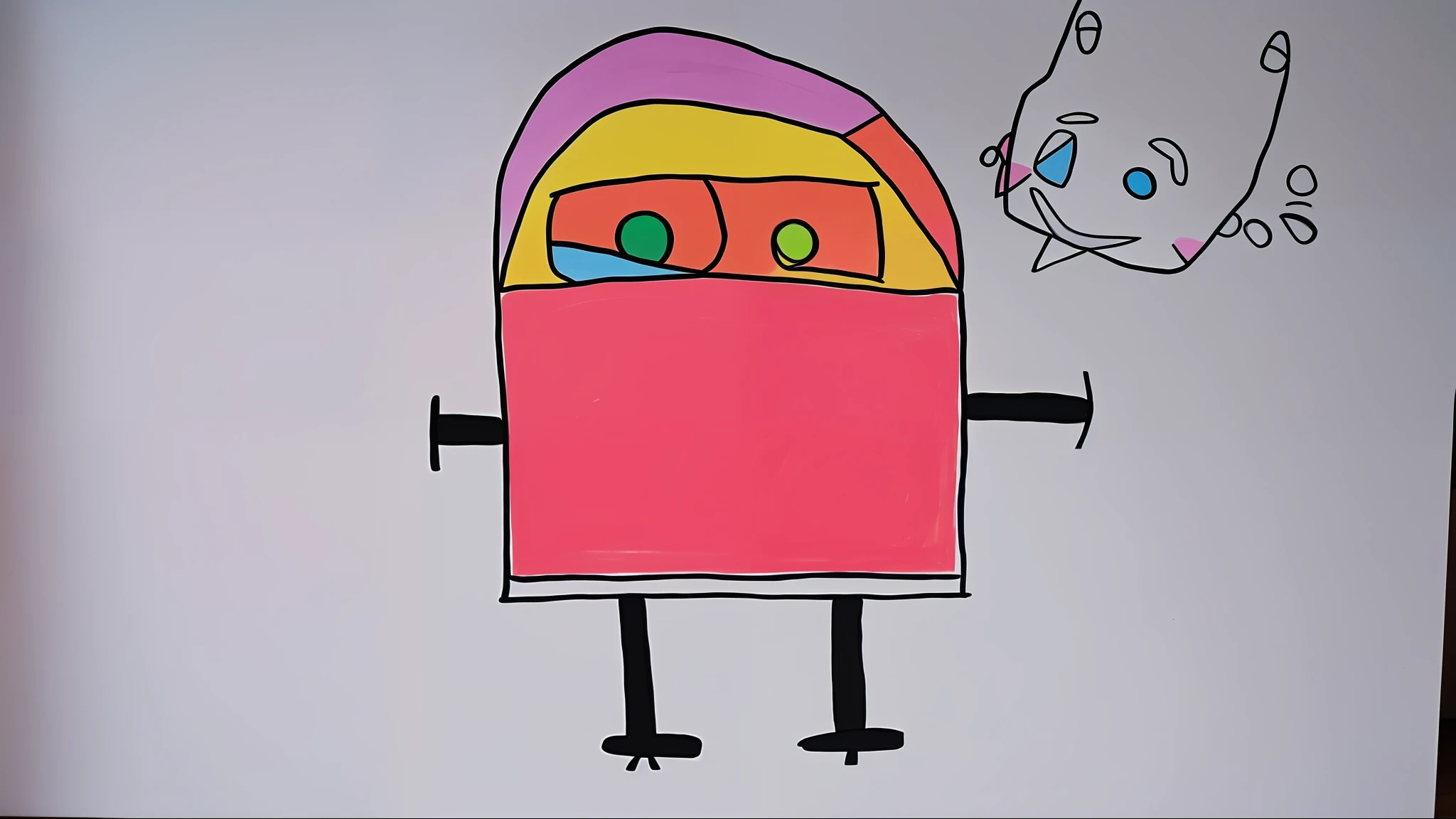 drawing of a door with a face and arms, inspired by Philip Guston, a child's drawing, inspired by Rufino Tamayo, childs drawing, childrens drawing, child's drawing, 7 year old crayon drawing, robot portrait, ???'s drawing, portrait of a robot, based on child's drawing, children's artwork, inspired by Paul Klee, children’s drawing