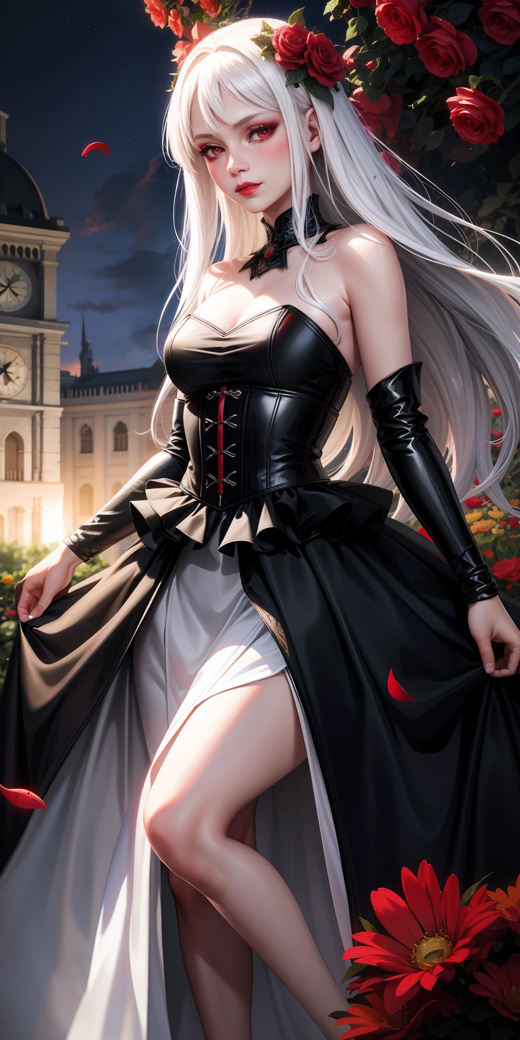 realistic, 1girl, white hair, red eyes, bright eyes, dracarys, skirt, lips parted, blush, night, flowers, sun, sunlight, dress, dungeons