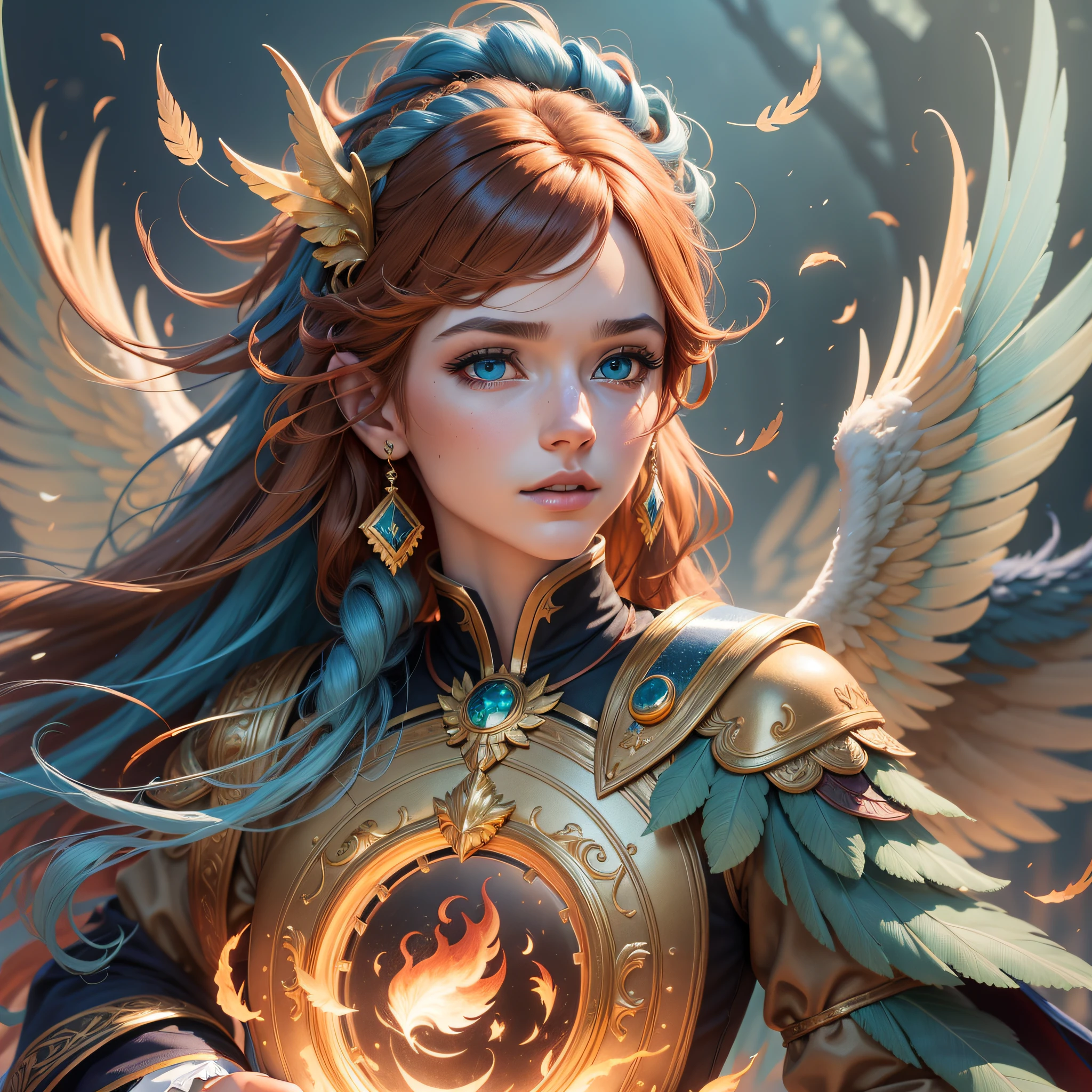 (extremely detailed CG unity 8k wallpaper,masterpiece, best quality, ultra-detailed),(best illumination, best shadow, an extremely delicate and beautiful),floating,emerging from fire,feathers,plumes,golden,blue eyes, (brown hair+blue hair+red hair+green hair:1.2+gold hair:1.3),majestic, regal, intricate,glowing embers,ptero-inspired, pt-br prompt: "Dragão emplumado". --auto --s2