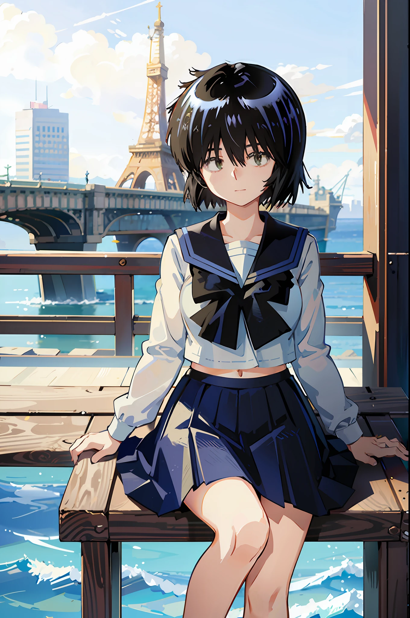 Mikoto urabe, 1girl, school uniform, skirt, solo, short hair, dark. green eyes, serafuku, black hair, sailor collar, shirt, long sleeves, blurry, looking at viewer, bow, blurry background, white shirt, stairs, pleated skirt, black skirt, smile, red bow, hair over eyes, bangs, depth of field, black sailor collar, sitting, outdoors, beach, light blue neckerchief, closed mouth, bowtie, blue skirt, akebisailor, show stomach, sexy pose,