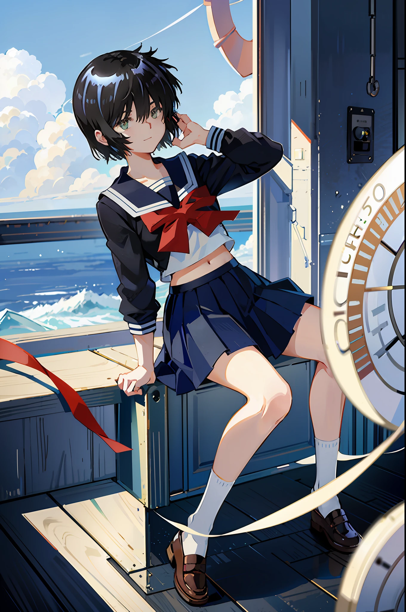 Mikoto urabe, 1girl, school uniform, skirt, solo, short hair, dark. green eyes, serafuku, black hair, sailor collar, shirt, long sleeves, blurry, looking at viewer, bow, blurry background, white shirt, stairs, pleated skirt, black skirt, smile, red bow, hair over eyes, bangs, depth of field, black sailor collar, sitting, outdoors, beach, light blue neckerchief, closed mouth, bowtie, blue skirt, akebisailor, show stomach, sexy pose,