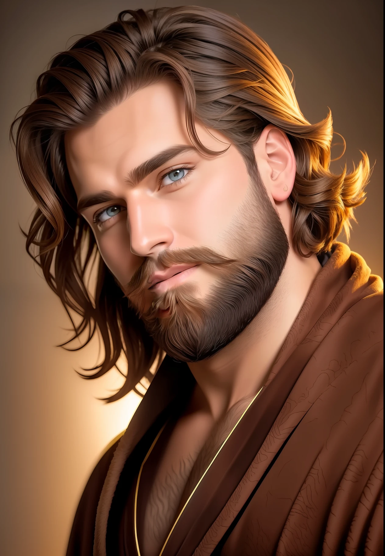 "(face of a handsome man, brown hair on his shoulders, beard, wearing a robe), perfect lighting, incredible shadow, on a bright background, confident pose."