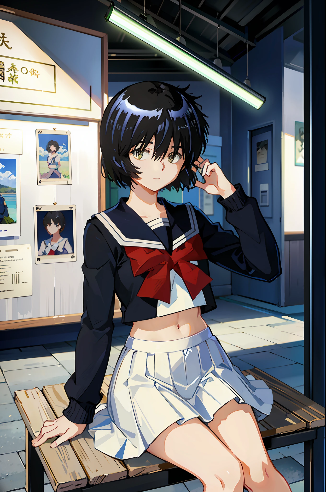 Mikoto urabe, 1girl, school uniform, skirt, solo, short hair, dark. green eyes, serafuku, black hair, sailor collar, shirt, long sleeves, blurry, looking at viewer, bow, blurry background, white shirt, stairs, pleated skirt, black skirt, smile, red bow, hair over eyes, bangs, depth of field, black sailor collar, sitting, outdoors, beach, light blue neckerchief, closed mouth, bowtie, blue skirt, akebisailor, show stomach, sexy pose,