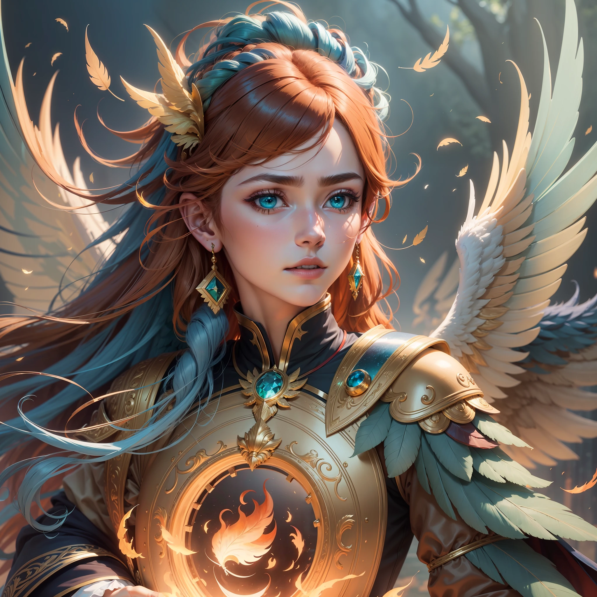 (extremely detailed CG unity 8k wallpaper,masterpiece, best quality, ultra-detailed),(best illumination, best shadow, an extremely delicate and beautiful),floating,emerging from fire,feathers,plumes,golden,blue eyes, (brown hair+blue hair+red hair+green hair:1.2+gold hair:1.3),majestic, regal, intricate,glowing embers,ptero-inspired, pt-br prompt: "Dragão emplumado". --auto --s2