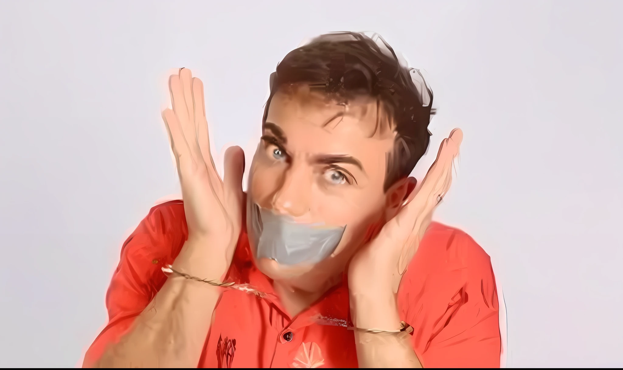 Represent the same Man with duct in his mouth and hands in front of him, John Kricfalusi, mischievous!, no stipe, Rob Janoff, hand over mouth, light stubble with red shirt, grassy knotted fists, comic, Miguel Iglesias, censored, media photo, mischievous!, El Chavo, mouth closed, mouth closed. 4K Image --auto --s2