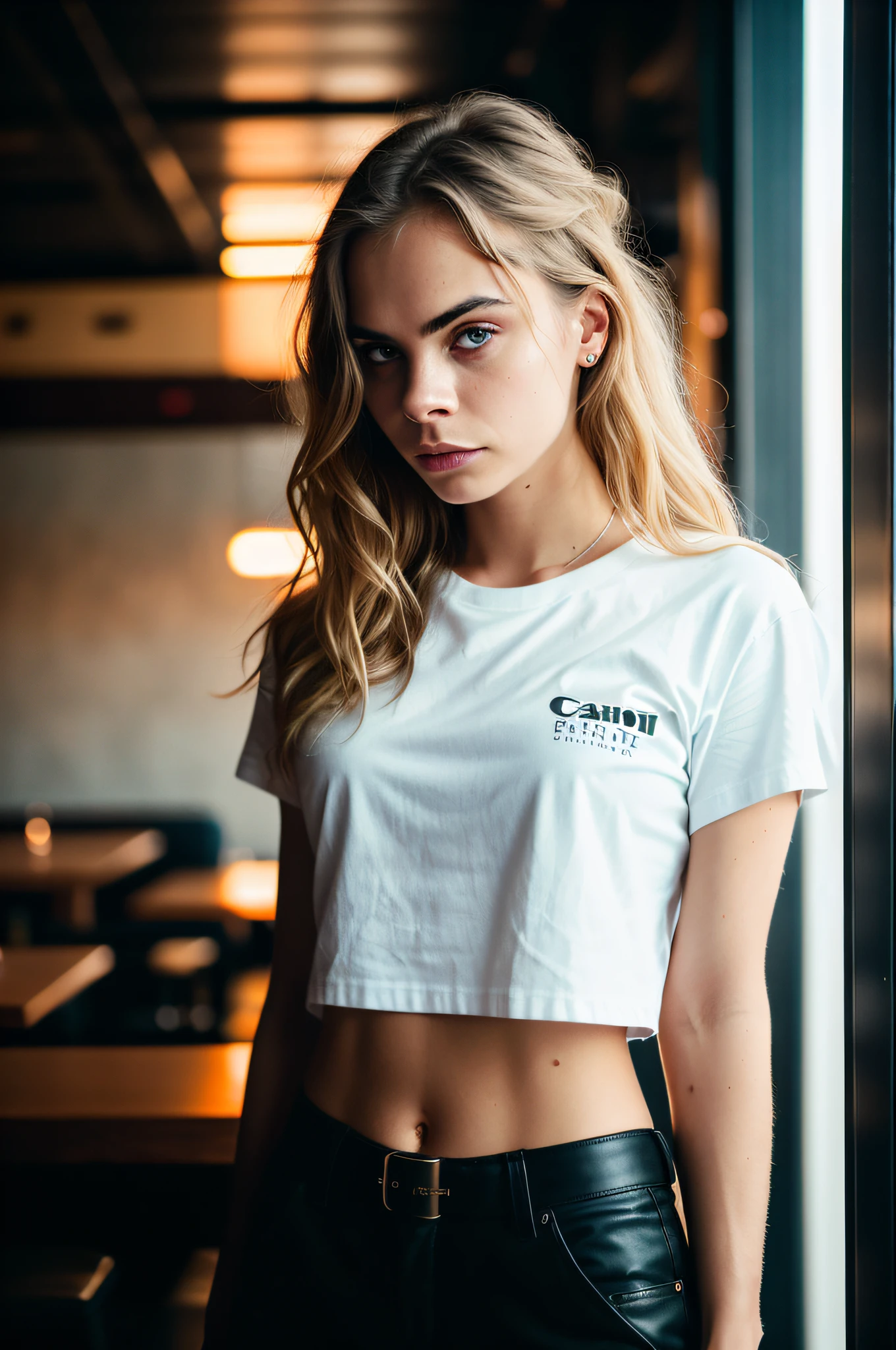 beautiful woman, straight blonde hair, wearing a white t-shirt without print, wearing leather belt, (((front view)), (inside a modern restaurant at night), Cara Delevingne, very detailed, 30 years, natural wave hair, blue eyes, high-res, masterpiece, best quality, intricate details, highly detailed, sharp focus, detailed skin, realistic skin texture, texture, detailed eyes,  professional, 4k, Canon shooting, 85mm, shallow depth of field, kodak color vision, perfect fit body, extremely detailed, photo_\(ultra\), photorealistic, realistic, post-processing, maximum detail, roughness, real life, ultra realistic, photorealism, photography, 8k uhd, photography (grain of film) medium shot for closeup shot atmospheric dark lighting