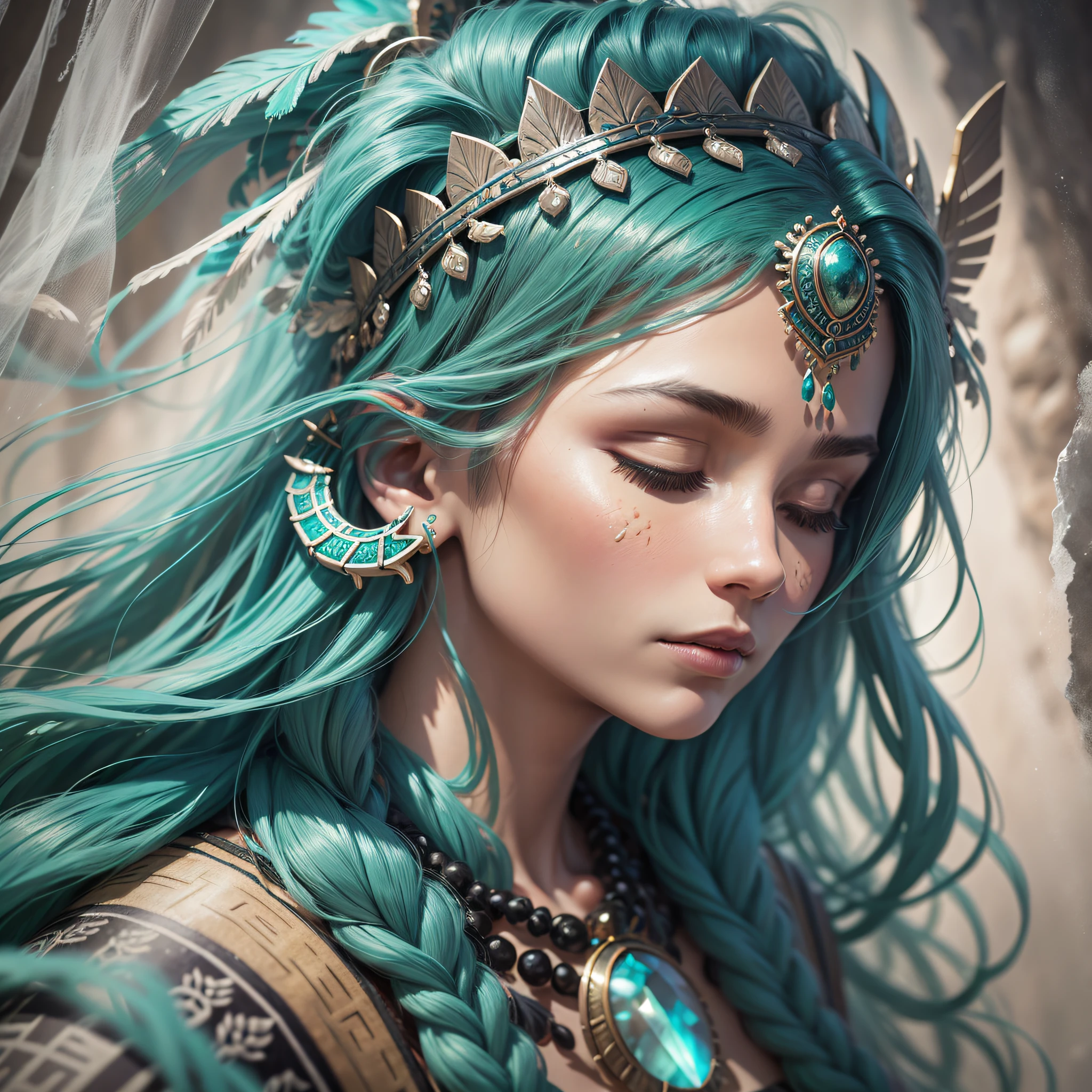 (full body portrait), (American shot), solo, detailed background, detailed face, (stonepunkAI, stone theme: 1.1), wise, (female), (Native American), (beautiful long hair, braids: 0.2), shaman, penetrating, mystical, (gorgeous face), stunning, head tilted upwards, (eyes closed, serene expression), calm, meditating, Seafoam Green shredded clothes, prayer beads, tribal jewelry, feathers in hair, headdress:0.33, jade, obsidian, detailed clothing, sensual neckline, realistic skin texture, (waterfall), sharp focus, volumetric lighting, good highlights, good shading, subsurface dispersion, intricate, highly detailed, ((cinematic)), dramatic, (high quality, award-winning, masterpiece: 1.5), (photorealistic: 1.5), (intricate symmetrical war painting: 0.5), canon R3, 35mm --auto --s2
