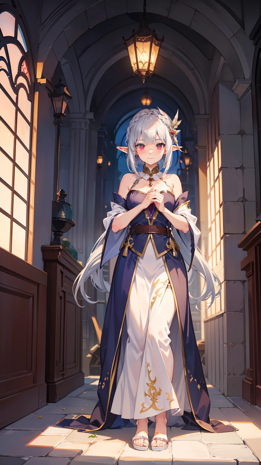 1 Girl Full Body, Elf, Silver Hair, Red Eyes, Bob Cut, Braid, Wizard, Robe, Put Your Hands on Their Face, Shy Smile, Blush, Concept Art, Beautiful Anime Scene, Beautiful Anime Landscape, Top Rated on pixiv, Best Quality, 4K