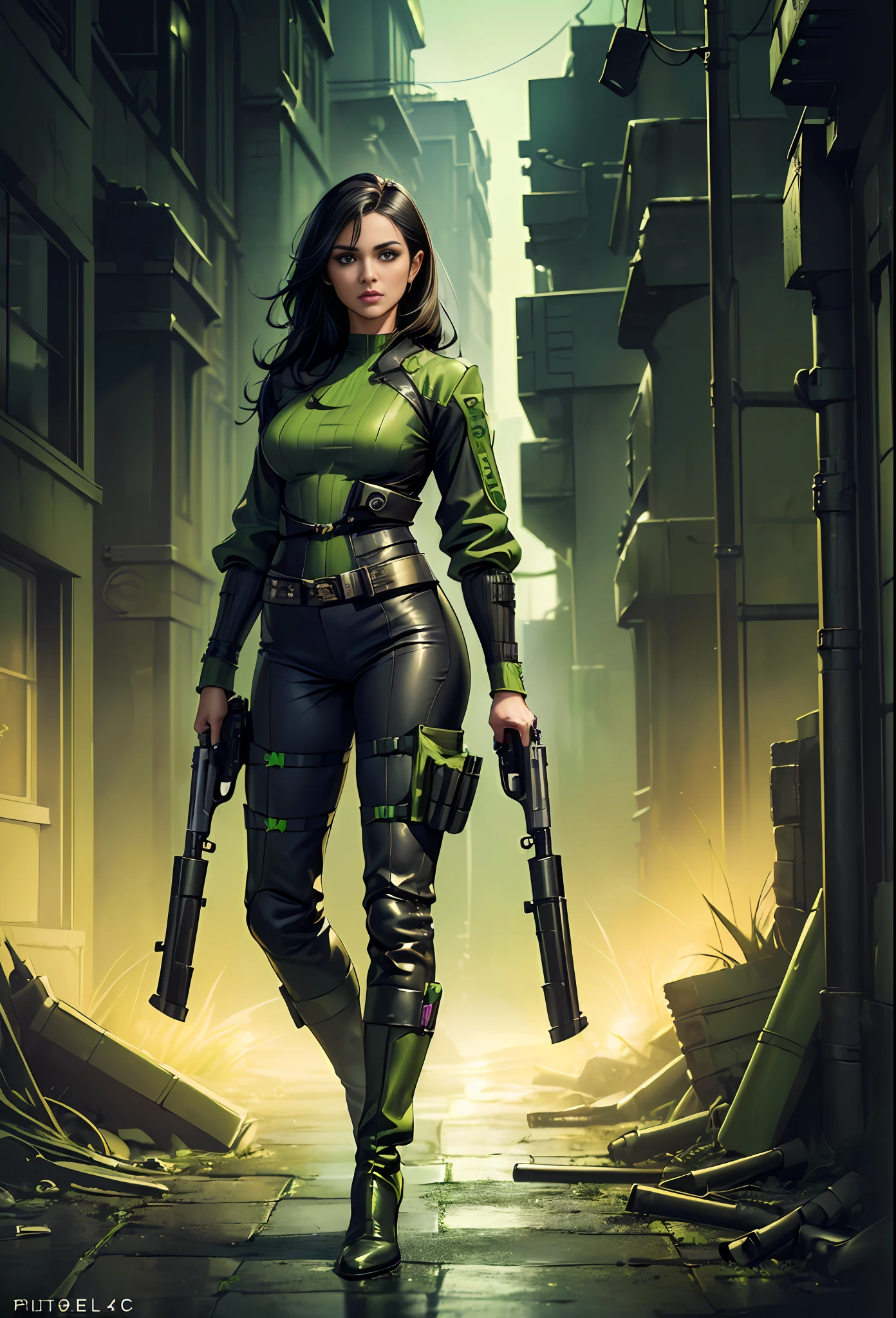 (
    (Character: 1 woman, (holding pistols:1.4), black hair,medium sexy hair:1.3,lean body:1.3,long legs:1.3)
    (Outfit: black sexy jumpsuit:1.3, green sexy jacket:1.4, boots, holster)
    (Pose: full body:1.3)
    (Background: dark alley, bright urban lights in the background, fog, night, green color scheme)
    (Style: ((Best quality)), ((masterpiece)), (detailed face: 1.4), photo-realistic: 1.3, hyper-realistic)
)