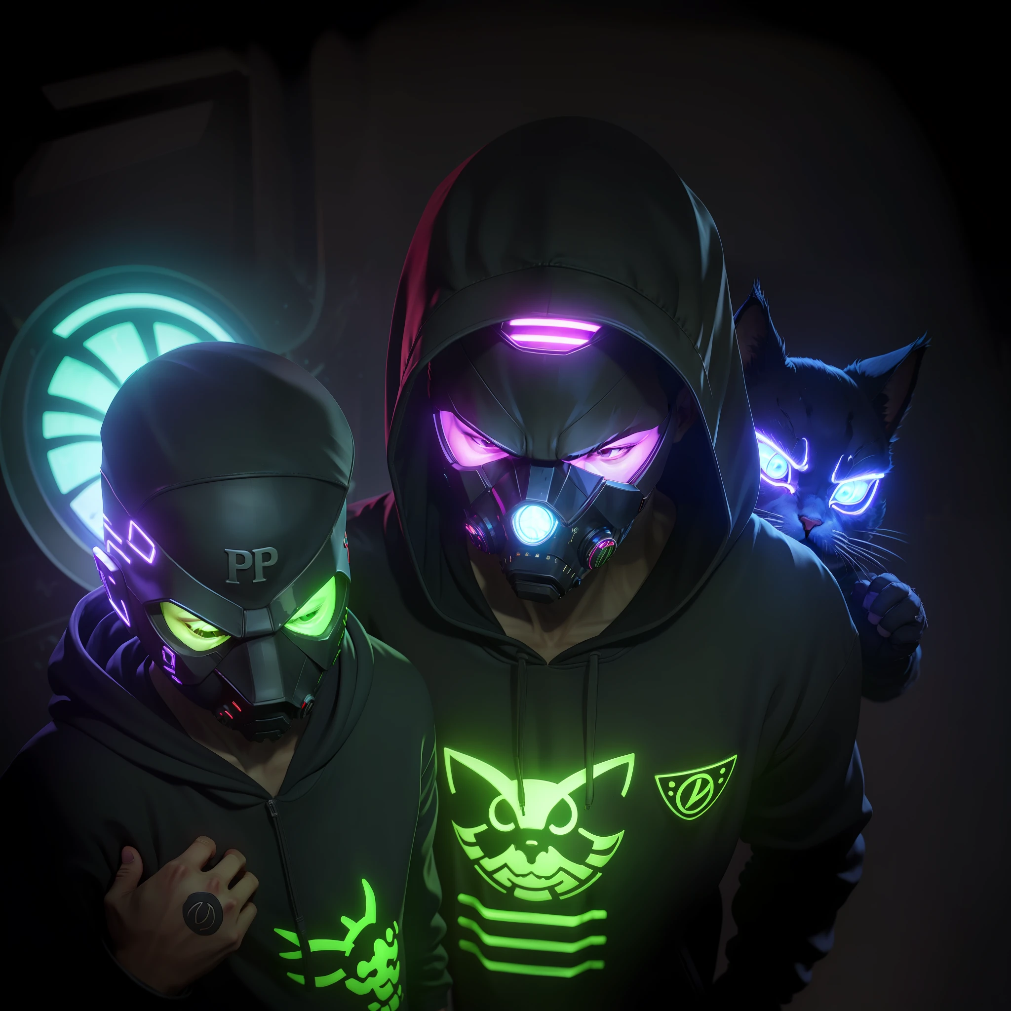 PFP logo character of a boy wearing a hoodie and a cybernetic LED mask in which the LEDs on the mask form a boywithuke style cat