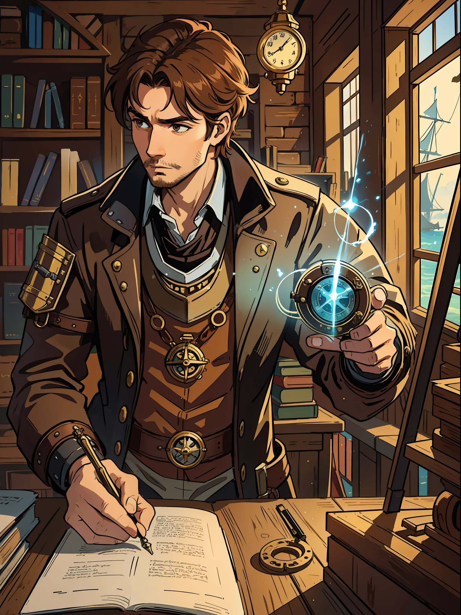 a creative inventor brown-haired man steampunk style he is a medieval craftsman like a joiner he is in a library creating a magical artifact medieval magical technology portray with creativity he wears a nautical diver costume