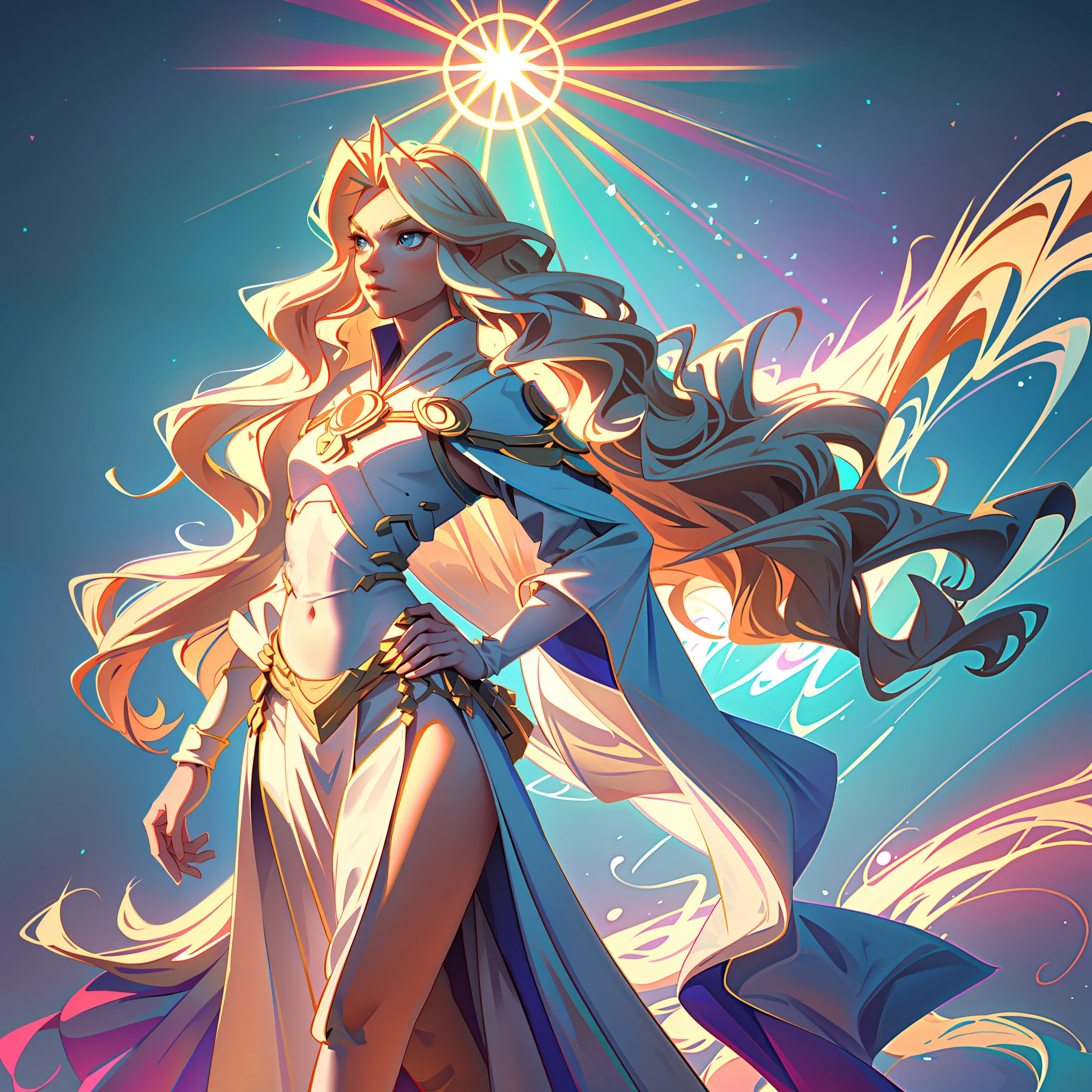 (Dreamlike style:1.0), 8k, high definition, bright colors, huge resolution, feminine male, crossdressing male, long blonde hair styled in waves, solar background, white loincloth, (wide hips:1.2), narrow waist, (flat chest:1.0), (halo of light:1.0), (big ass:1.2), (huge hips:1.0), exposed legs,