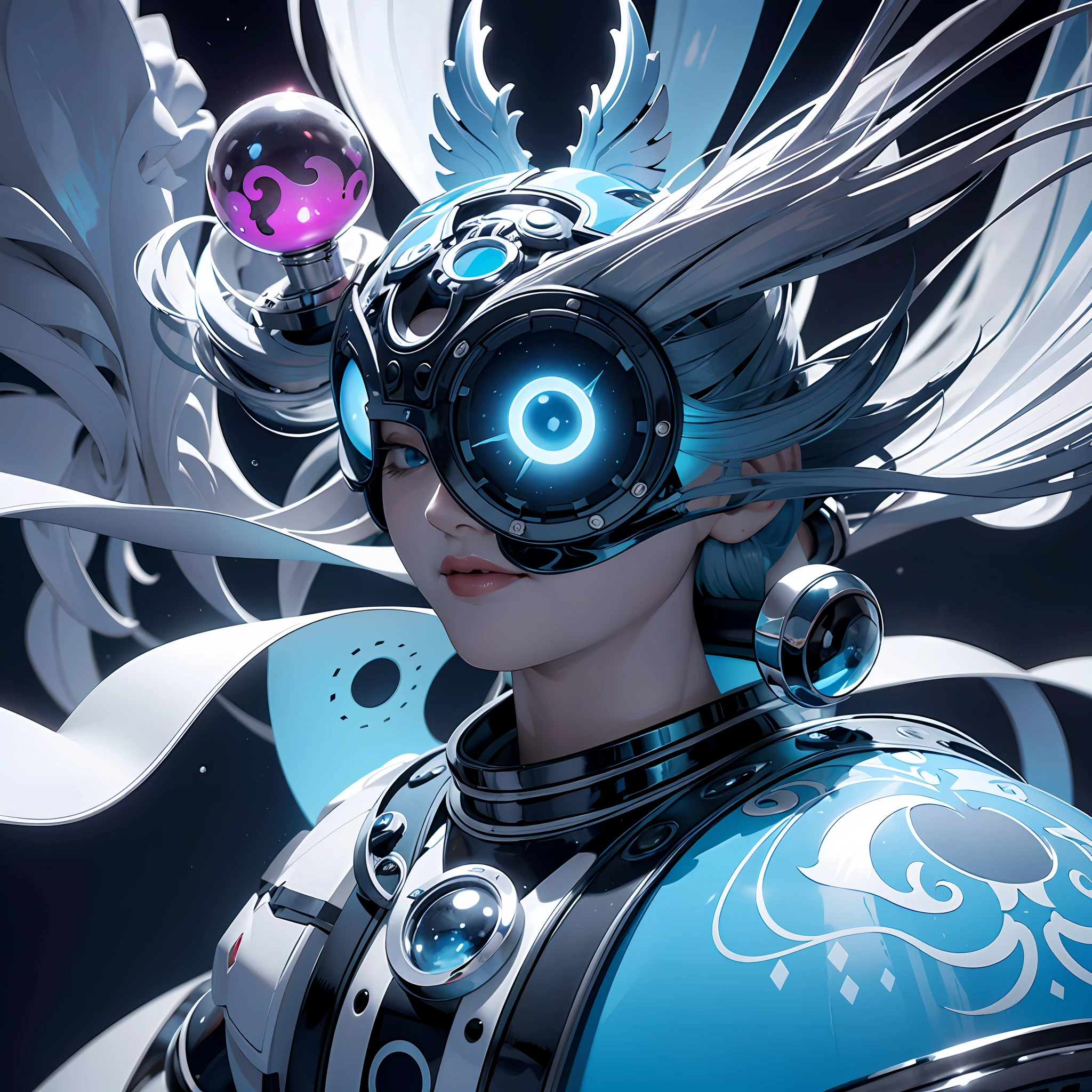 (kittybot shaman DMT aura with a transparent helmet with a protruding brain: 1.4), (metal wings: 1.2), (hyperloop car flask mask: 1.2), (kawaii cyberpop fractal art: 1.6), (Tobias Gremmler art style of fluid and dynamic forms: 1.6), (organic-geometric mix: 1.6), (the shaman's head reflects happiness as a mood and mind in surreal ways:  1.2), (mask creates motion and warping in light: 1.3), (ultra-high resolution: 1.4), (ray tracing illumination: 1.4), (subsurface scattering skin: 1.2), (particle effects: 1.4), (depth of field: 1.4), (geometric-dotist abstraction: 1.6), (generative fluid fractal algorithm: 1.6).