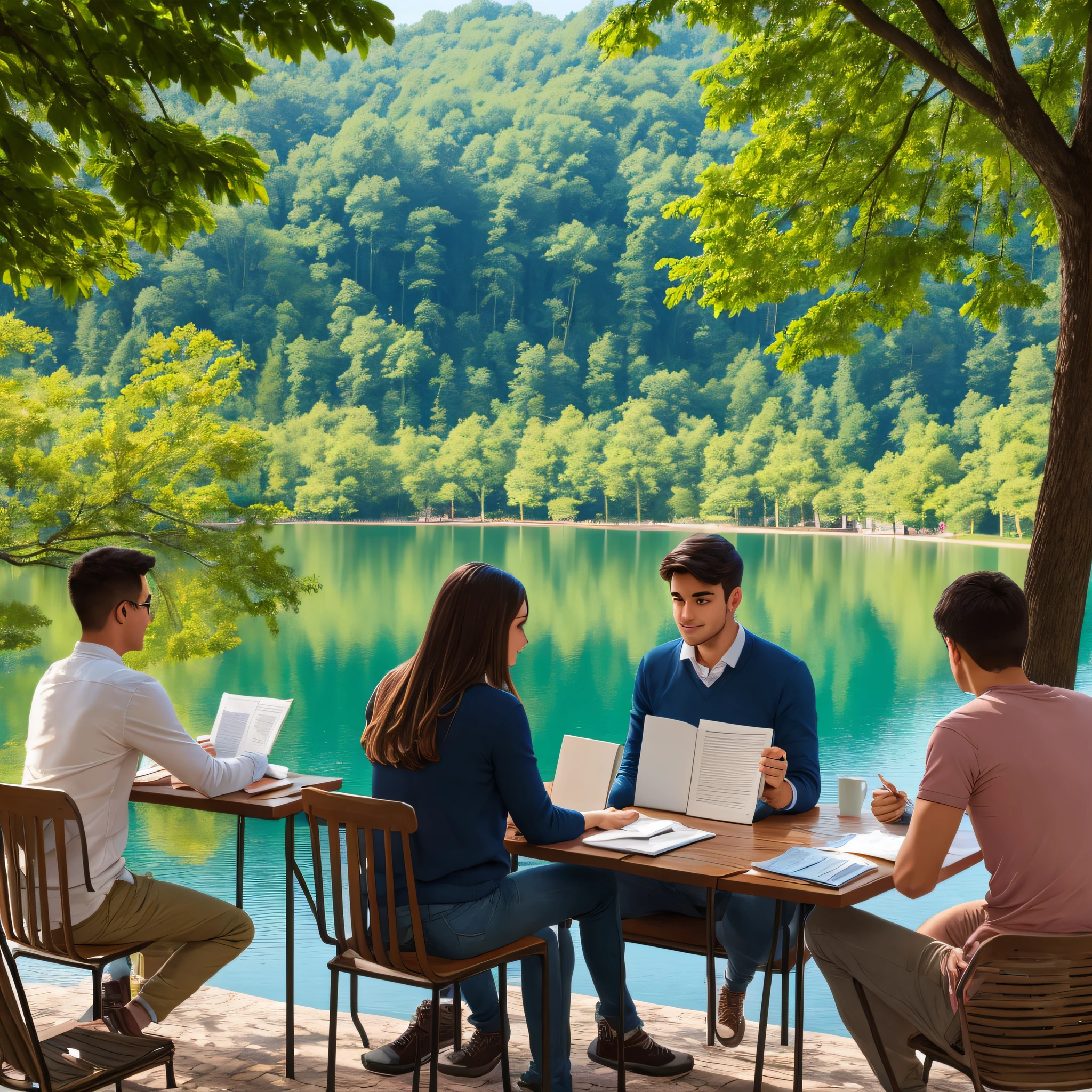 people studying in a beautiful wooded square with a lake in the background --auto --s2