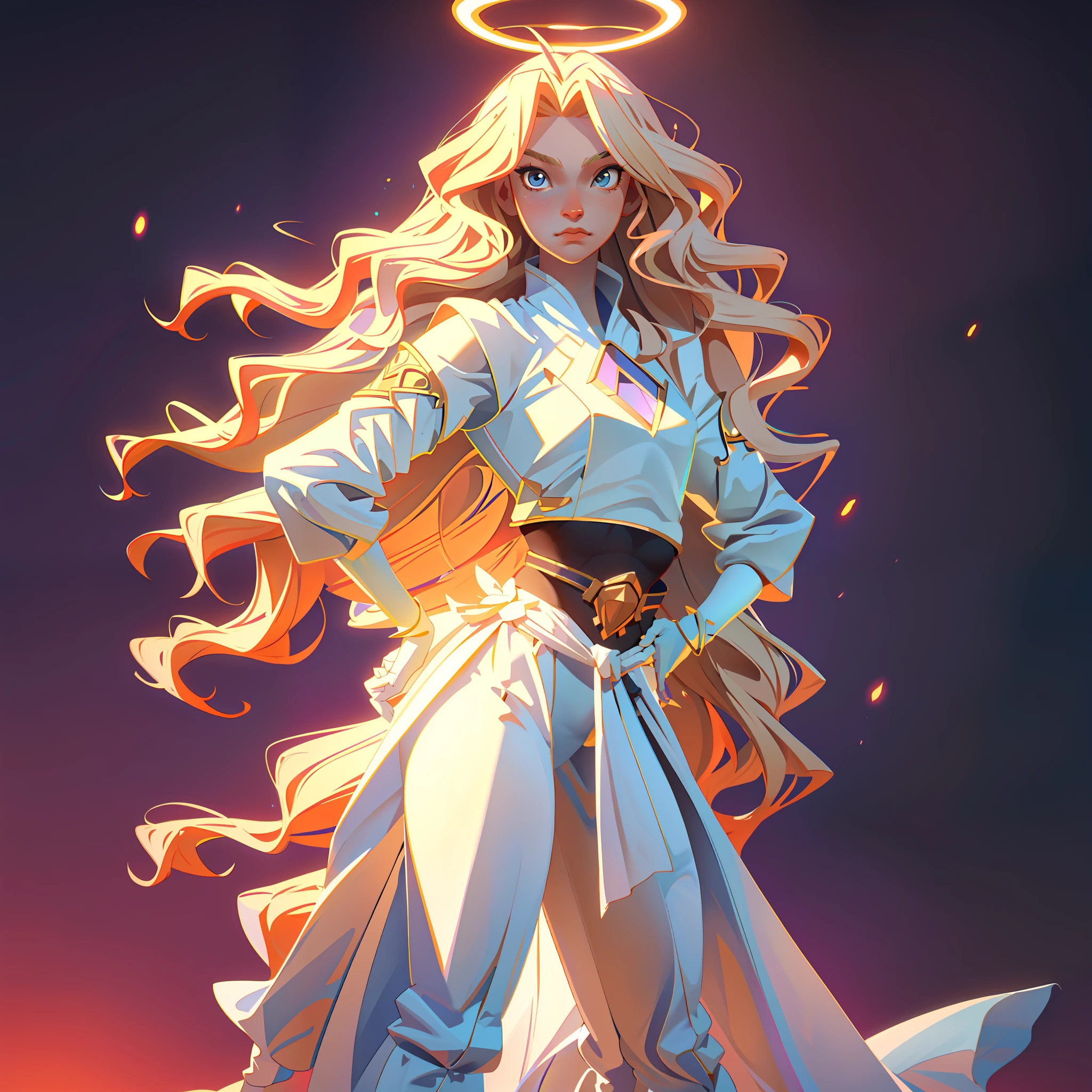 (Dreamlike style:1.0), 8k, high definition, bright colors, huge resolution, feminine male, crossdressing male, long blonde hair styled in waves, solar background, white loincloth, (wide hips:1.2), narrow waist, (flat chest:1.0), (halo of light:1.0), (big :1.2), (huge hips:1.0), exposed legs,