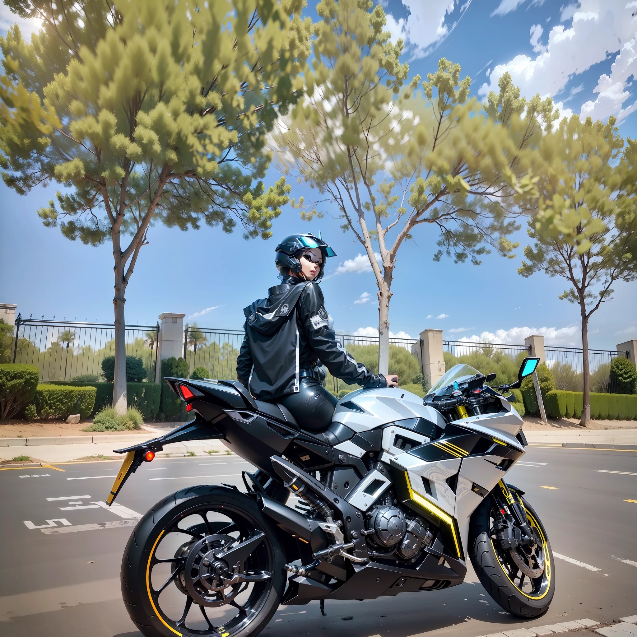 Cyber Sailor and Cyber Mechanical Motorcycle, Exquisite Face, Beautiful Woman, Full Body Exquisite High-Tech Armor, Exquisite Black Tech Helmet, Nousr, Biomechanics, MSHN Robot Man, High-Tech Helmet, Surreal, Steel, Intricate Design, Crazy Details, Fine Details, Extremely Clear Lines, Cinematic Lighting, Photo Realisticity, Detailed Masterpiece