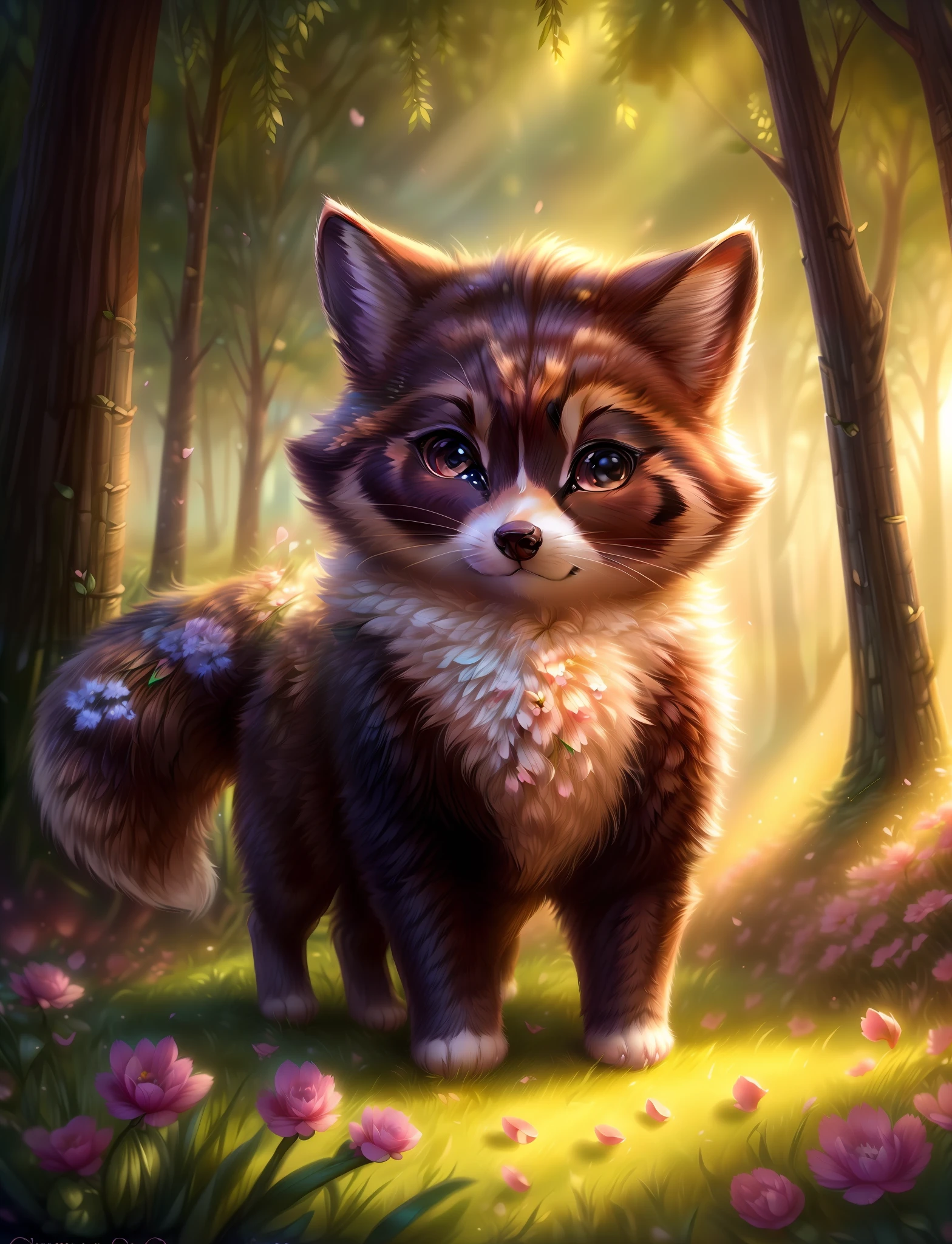 complex background, beautiful lighting, deep shadow, best quality, masterpiece, ultra highres, photorealistic, lots of small details, soft colors, volumetric lighting, scifi, contrast:0.5, solo:1.4, (main_coon:1.2), (corgi:0.8), cute, animal, forest, grass, willow trees, flower petals, ultra fluffy, cutemaomao