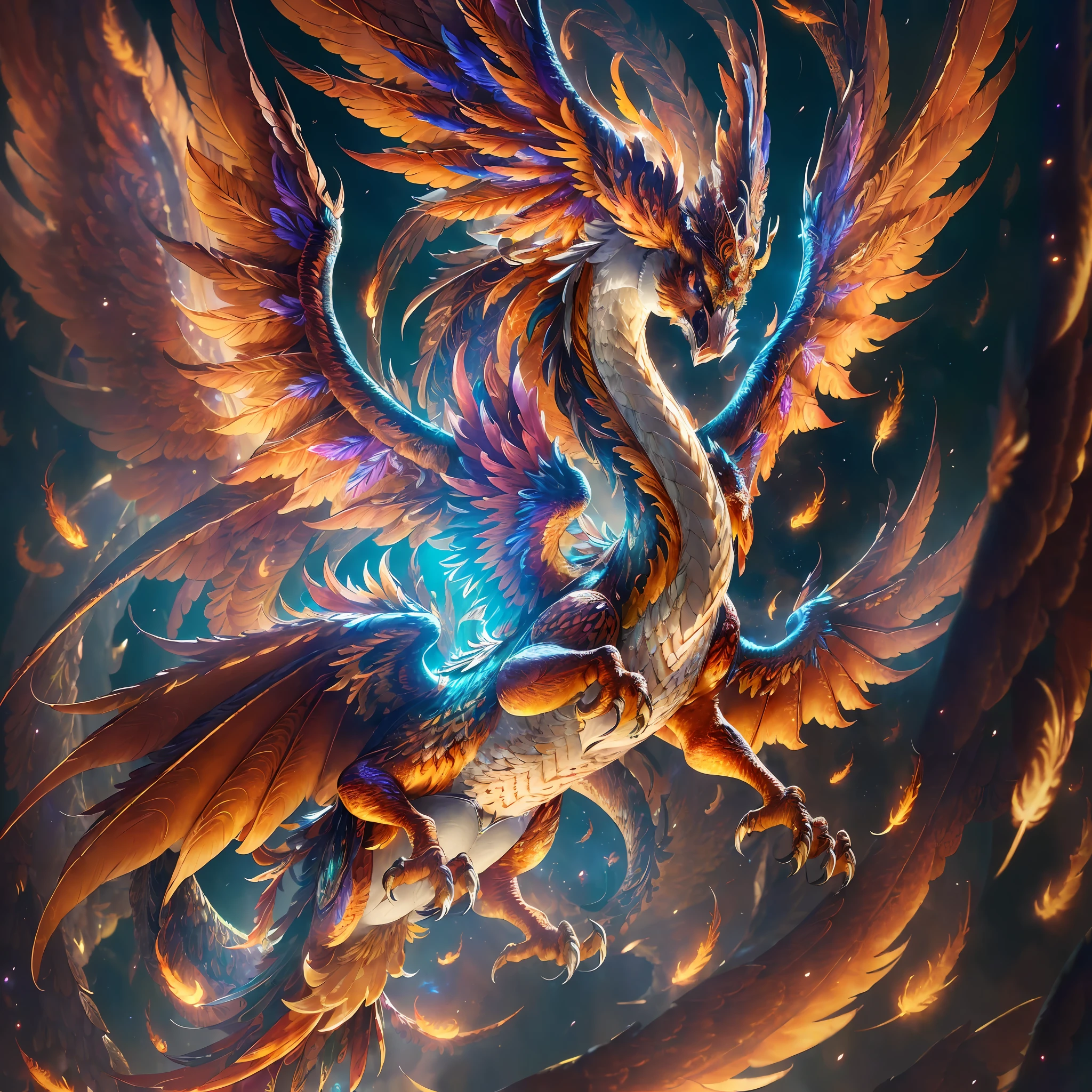 (masterpiece), best quality, ultra-detailed, extremely detailed CG unit wallpaper 8k, (exquisite dragon phoenix plumage in motion), (dynamic angle, dynamic pose), (delicately detailed and ornate feathers), (bright eyes), (multicolored scales), (colorful and vibrant background), (volumetric light) --auto --s2