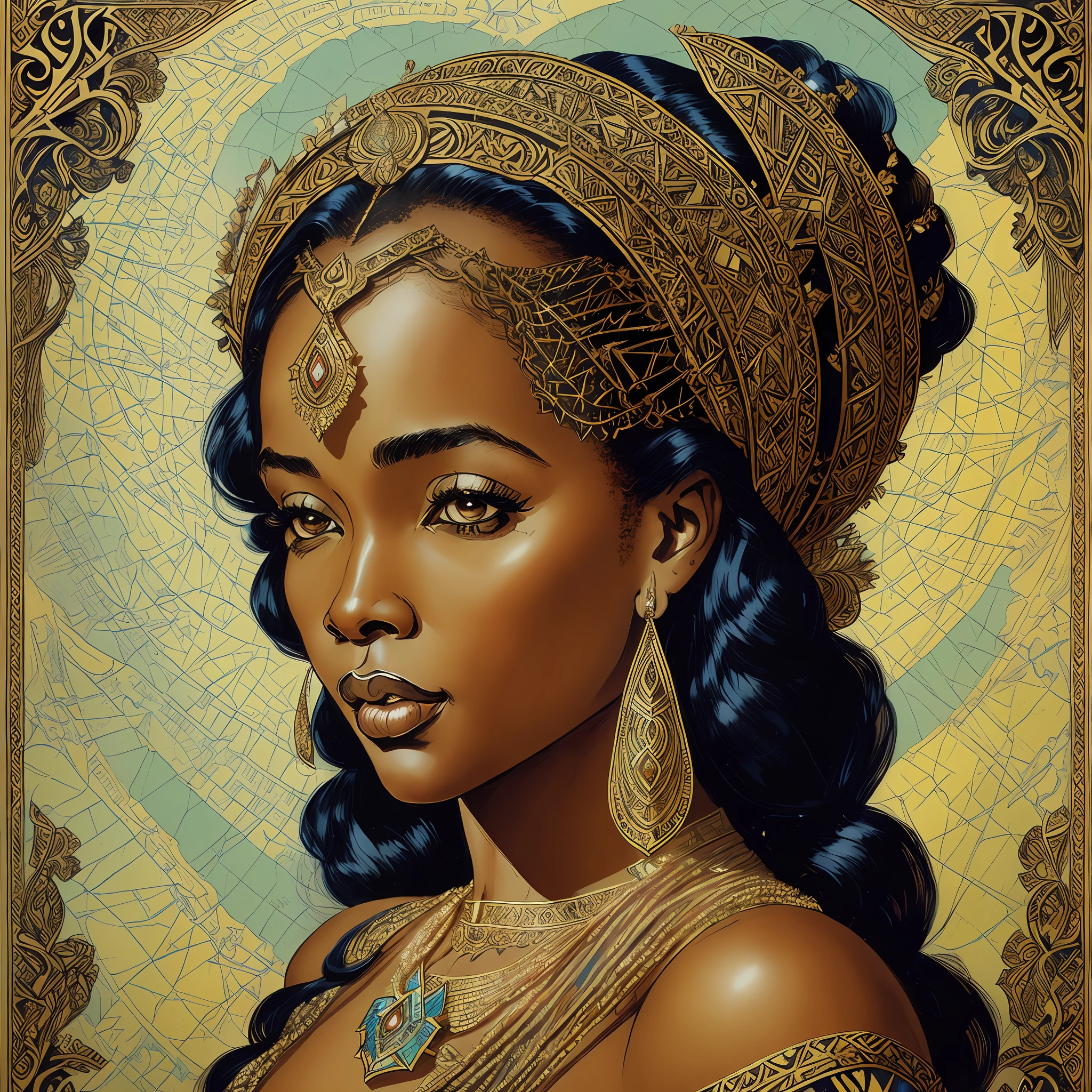 a beautiful young african queen, head and shoulders portrait, by milo manara, 2 0 0 0  vintage gothic illustration, d & d, fantasy, intricate, elegant, highly detailed, digital painting, artstation, concept art, smooth, sharp focus, --auto --s2