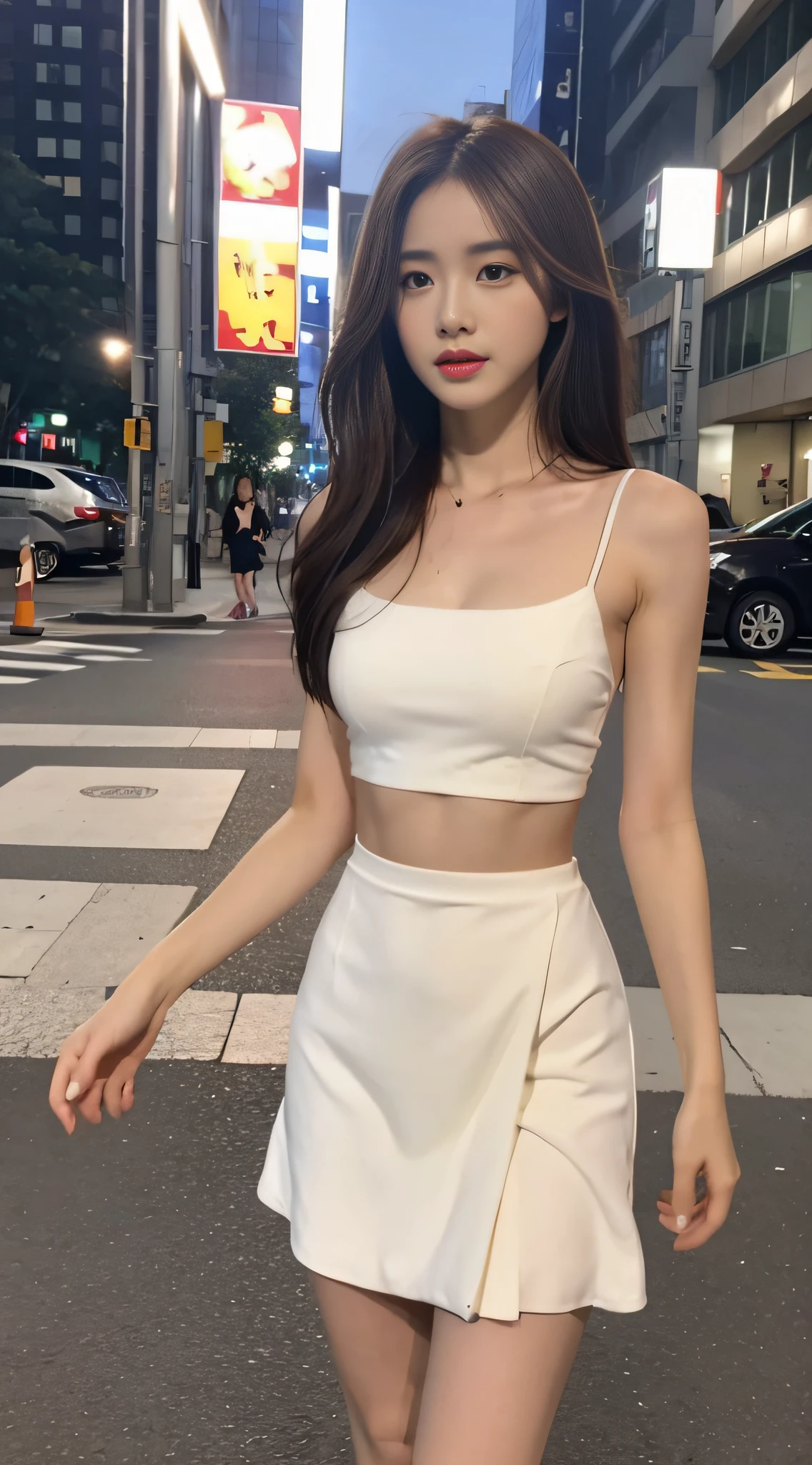 ((Realistic lighting, Best quality, 8K, Masterpiece: 1.3)), Clear focus: 1.2, 1girl, Perfect Body Beauty: 1.4, Slim Abs: 1.1, ((Dark brown hair)), (White dress: 1.4), (Outdoor, Night: 1.1), City streets, Super fine face, Fine eyes, Double eyelids, Full body.
