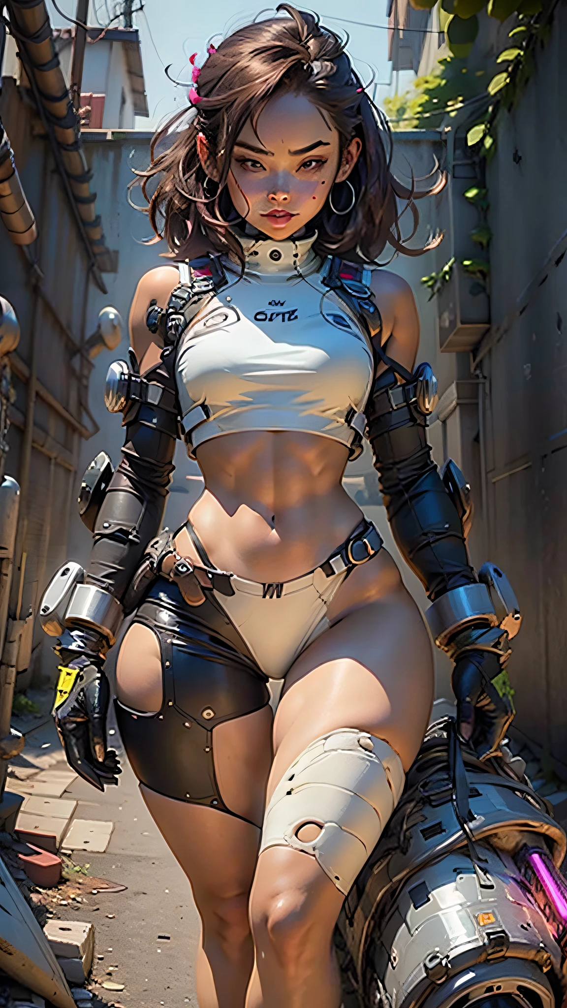 Woman body defined thick thighs cybernetic body parts, short underwear