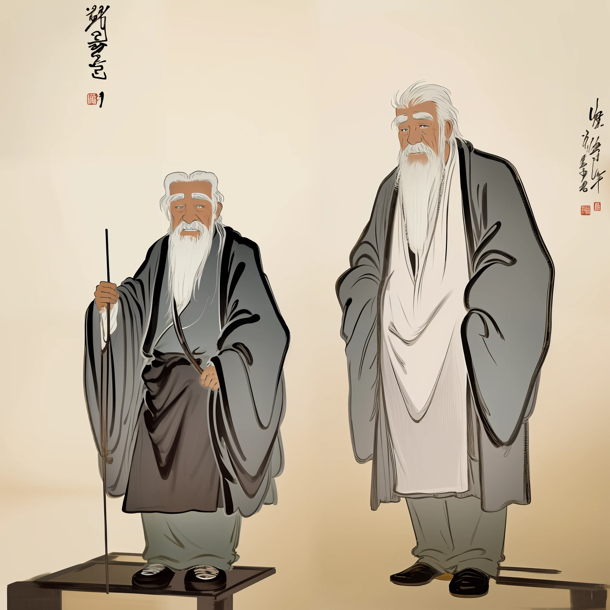 An old man, gray-haired, standing, holding a fan, antique