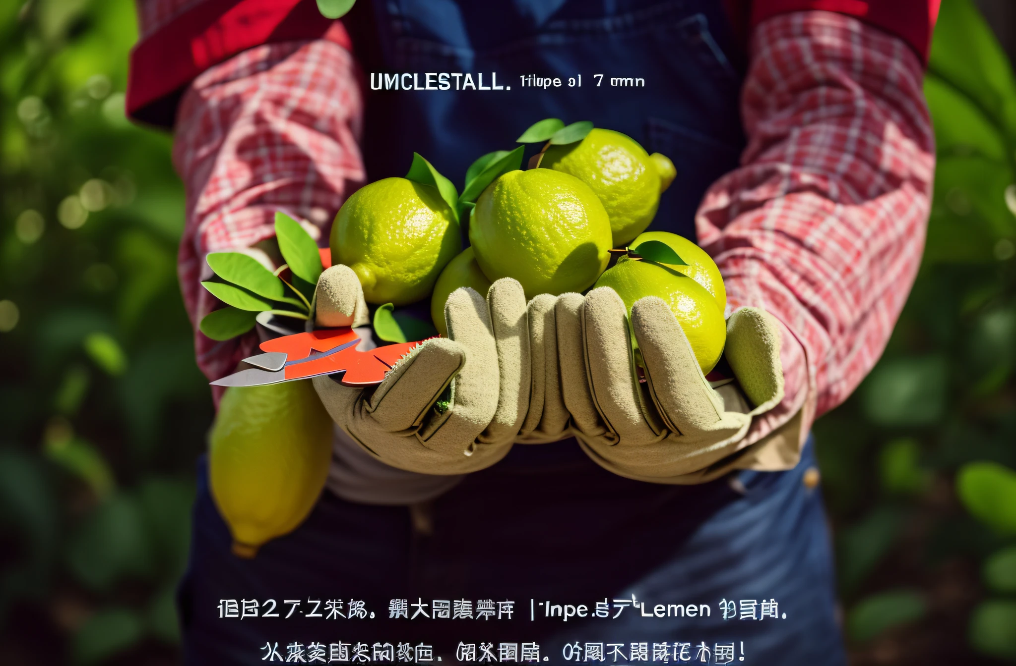 Someone has a large pile of lime in his hand, wears gardening gloves, holds scissors, it has a green peel lemon peel texture, (has a green peel lemon peel texture), wears a green peel lemon, remove the text