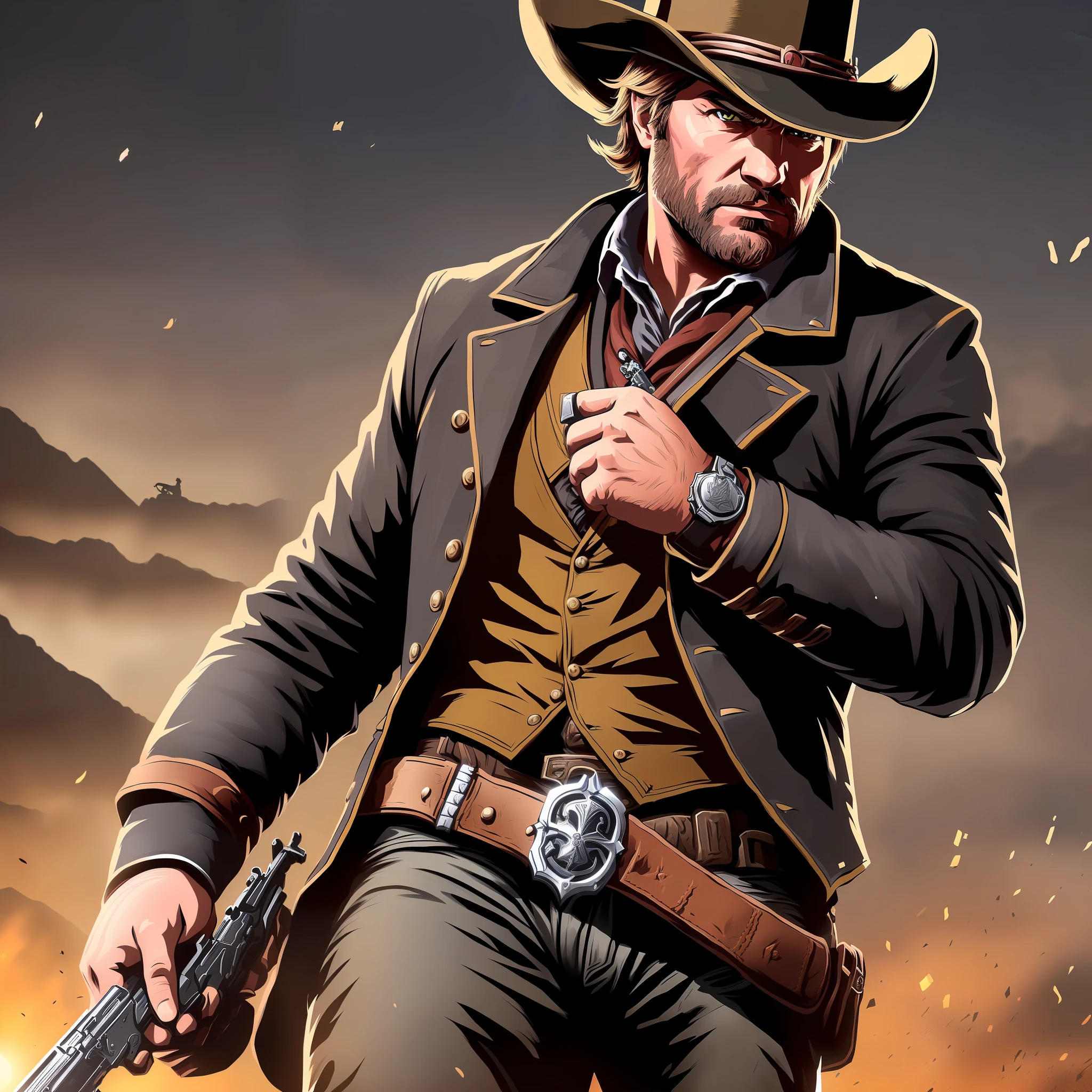 "(Ultra-detailed 8k wallpaper), (dramatic lighting), Arthur Morgan from Red Dead Redemption 2, (black horse prancing it), armed hand wielding a revolver, (dramatic setting of the old west)"